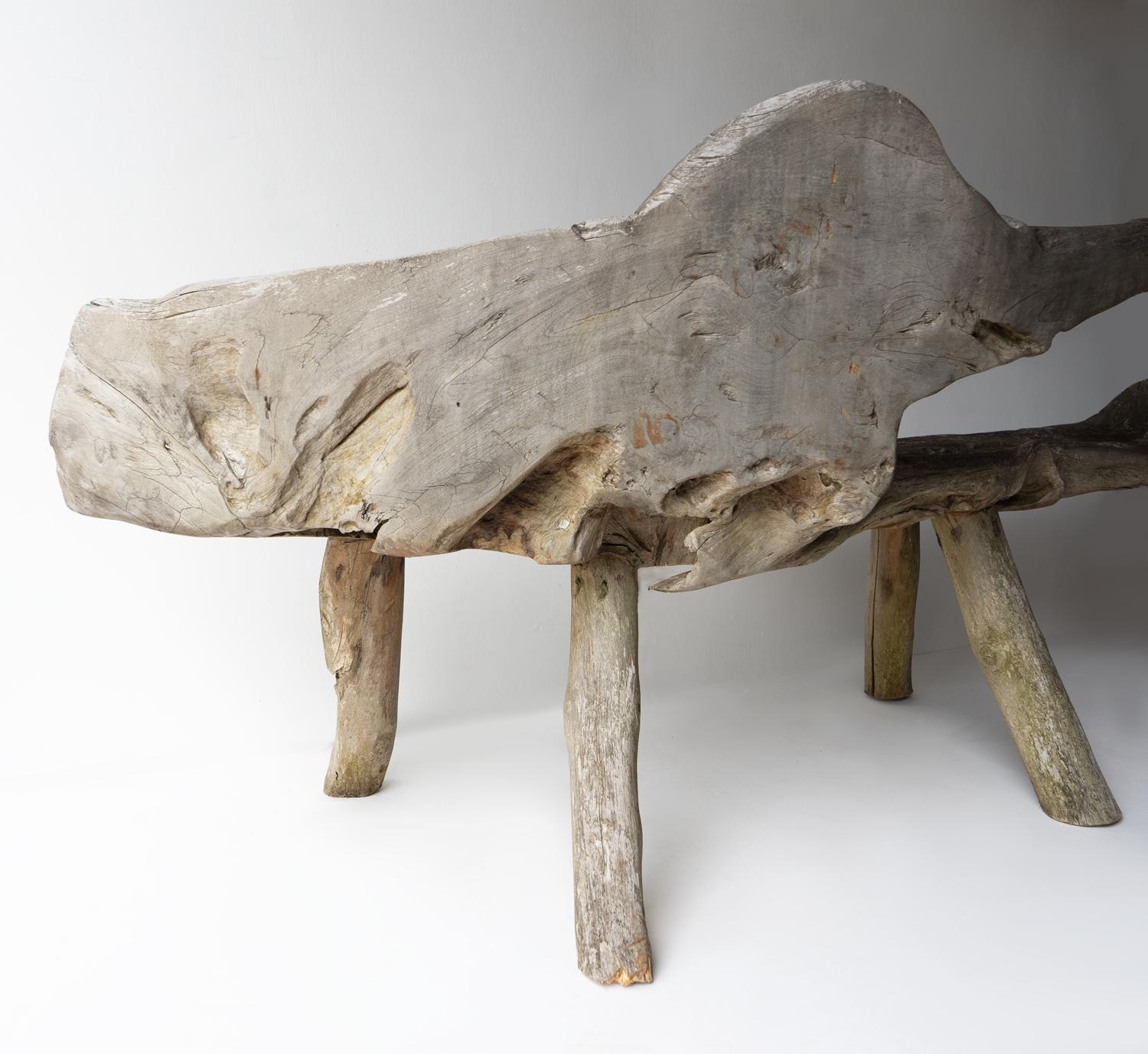 Vintage Weathered Teak Root Garden Bench, Primitive Organic Form, Mid 20th C. 2