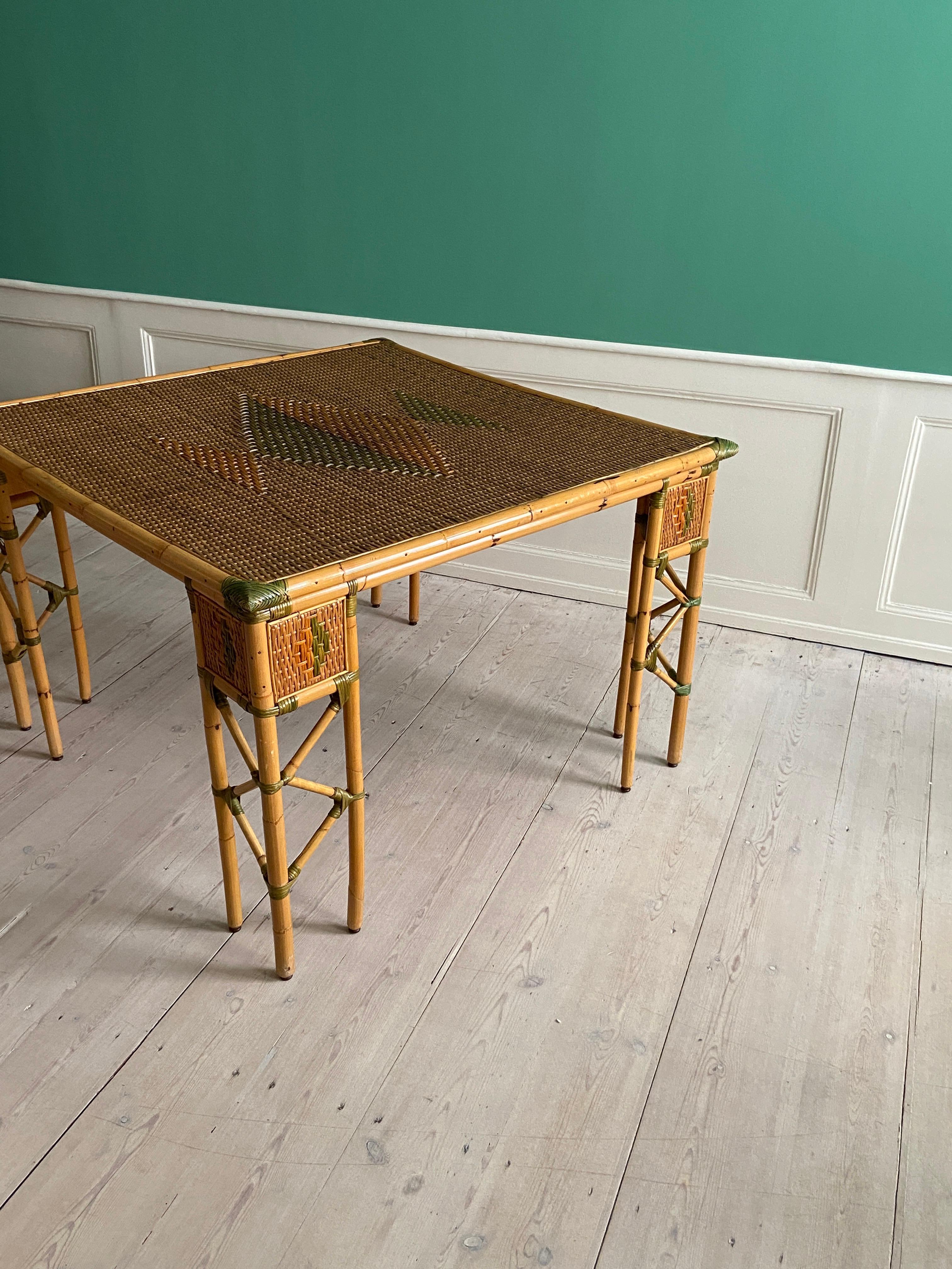 Vintage Woven Bamboo Table with Brass Details, France, Early 20th Century For Sale 6