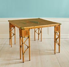 Vintage Woven Bamboo Table with Brass Details, France, Early 20th Century