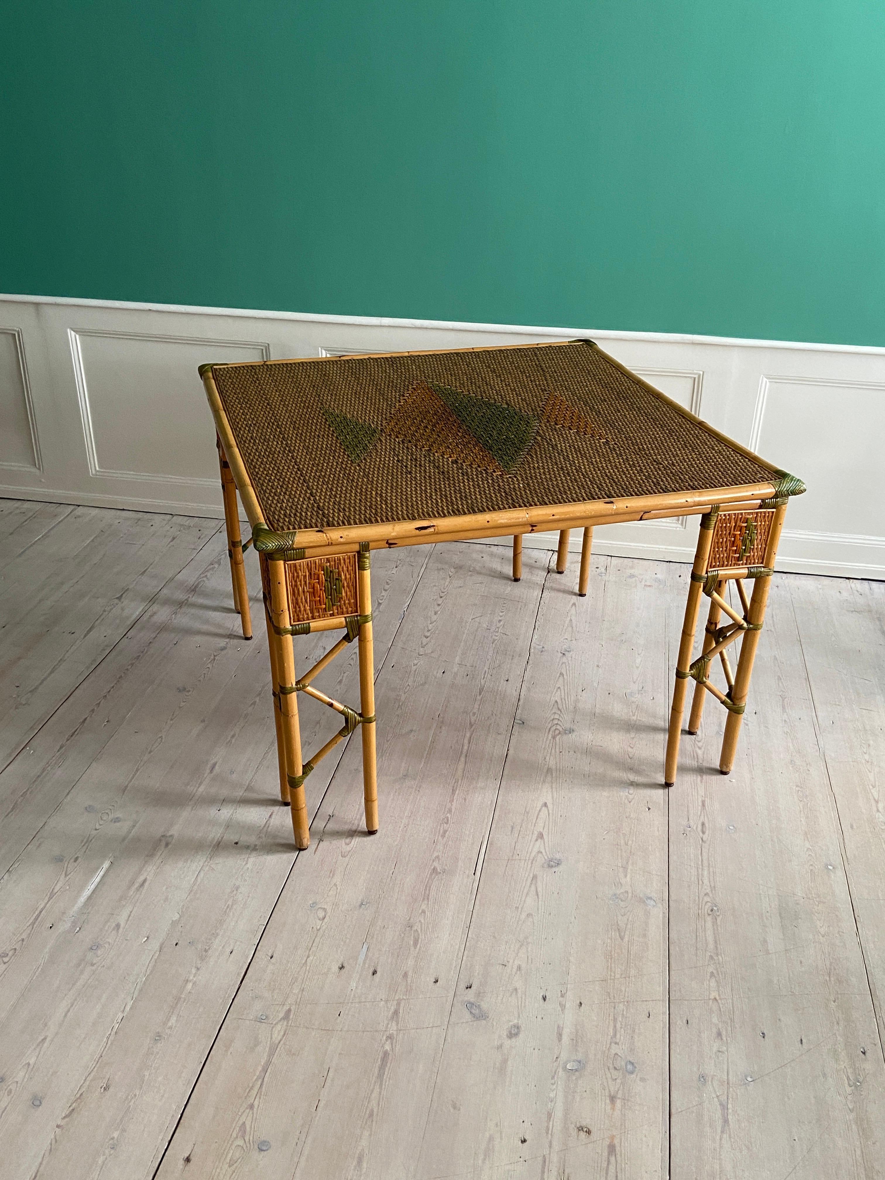 French Vintage Woven Bamboo Table with Brass Details, France, Early 20th Century For Sale