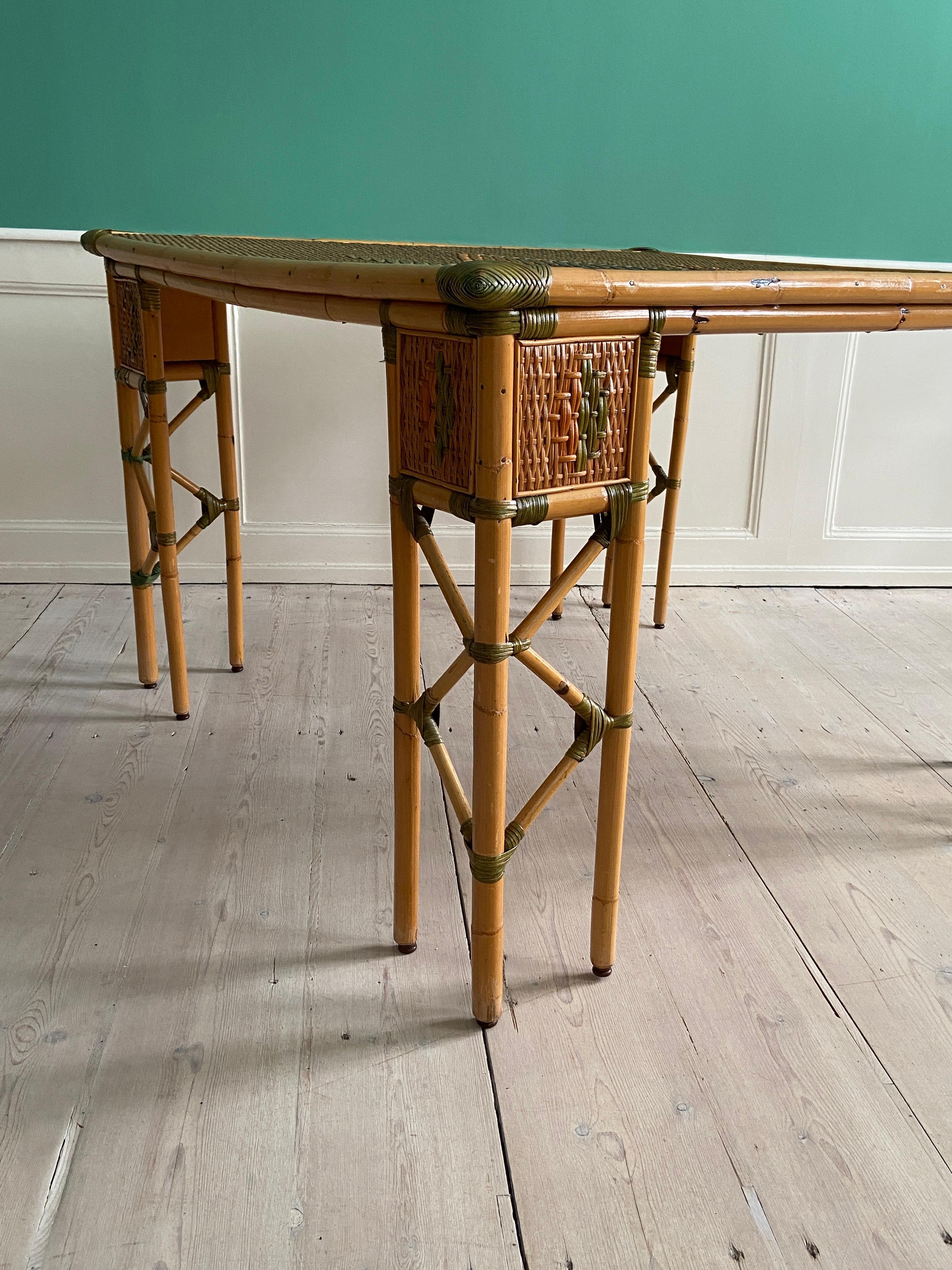 Hand-Woven Vintage Woven Bamboo Table with Brass Details, France, Early 20th Century For Sale