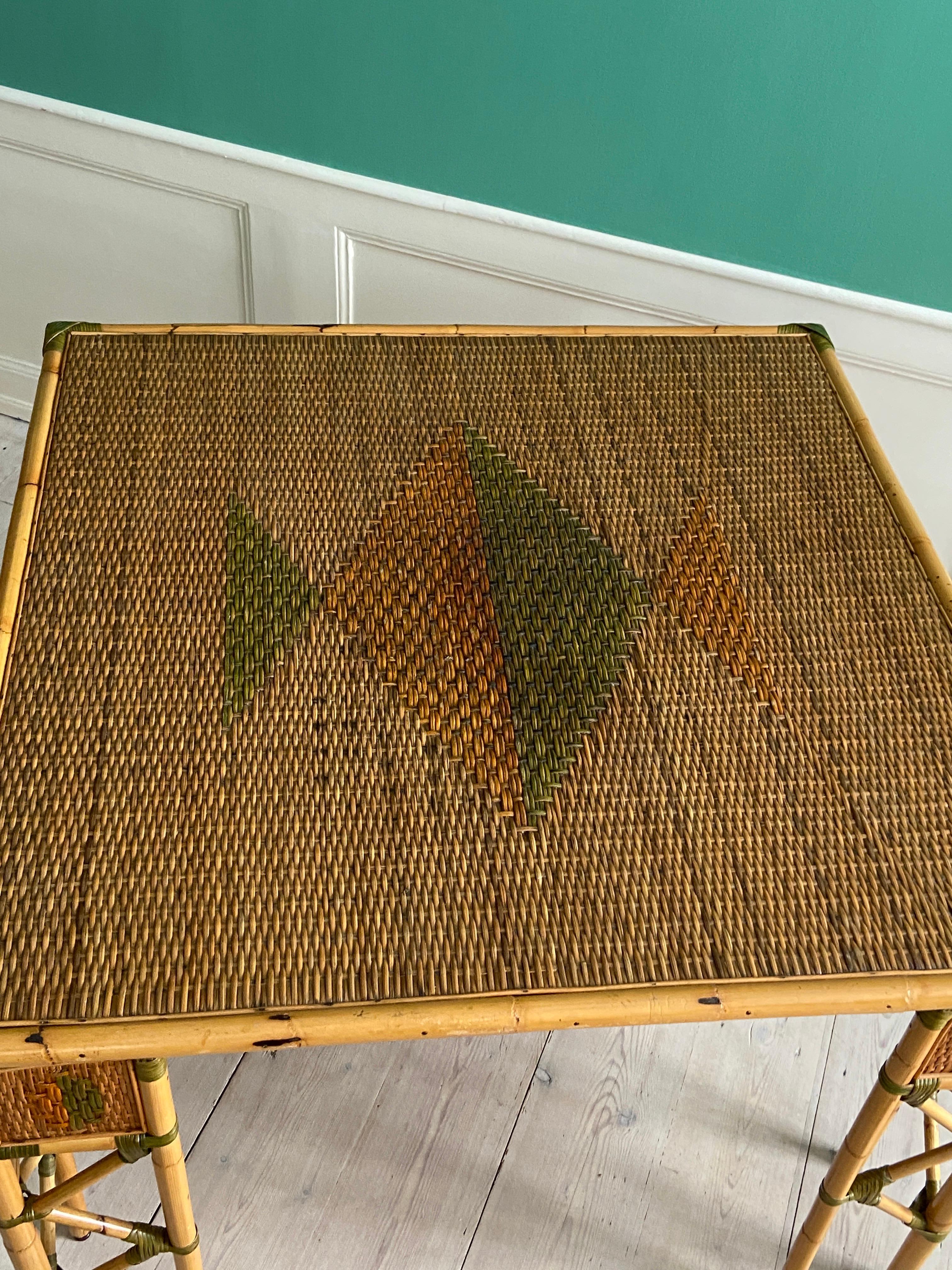Vintage Woven Bamboo Table with Brass Details, France, Early 20th Century For Sale 1