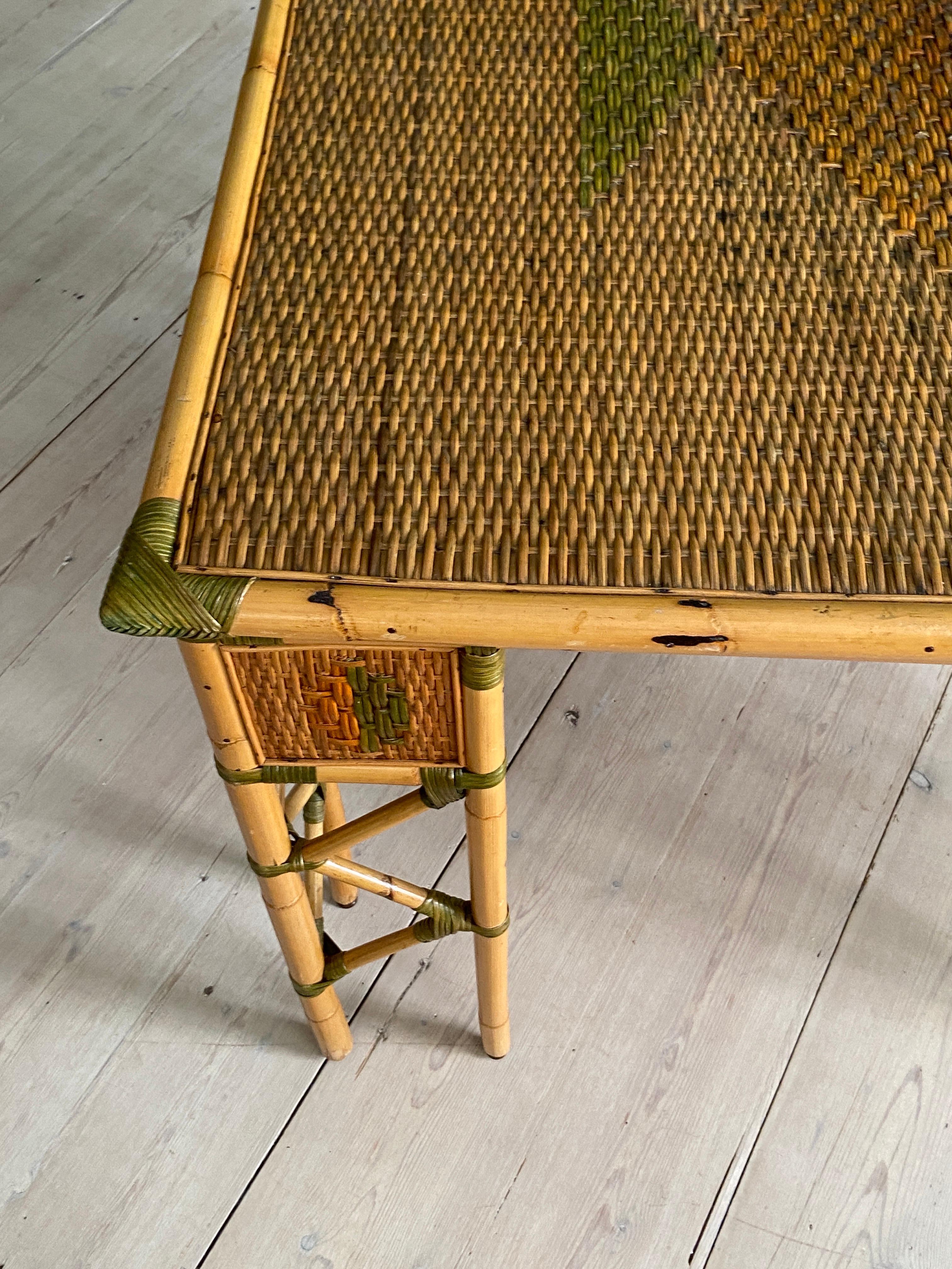 Vintage Woven Bamboo Table with Brass Details, France, Early 20th Century For Sale 3