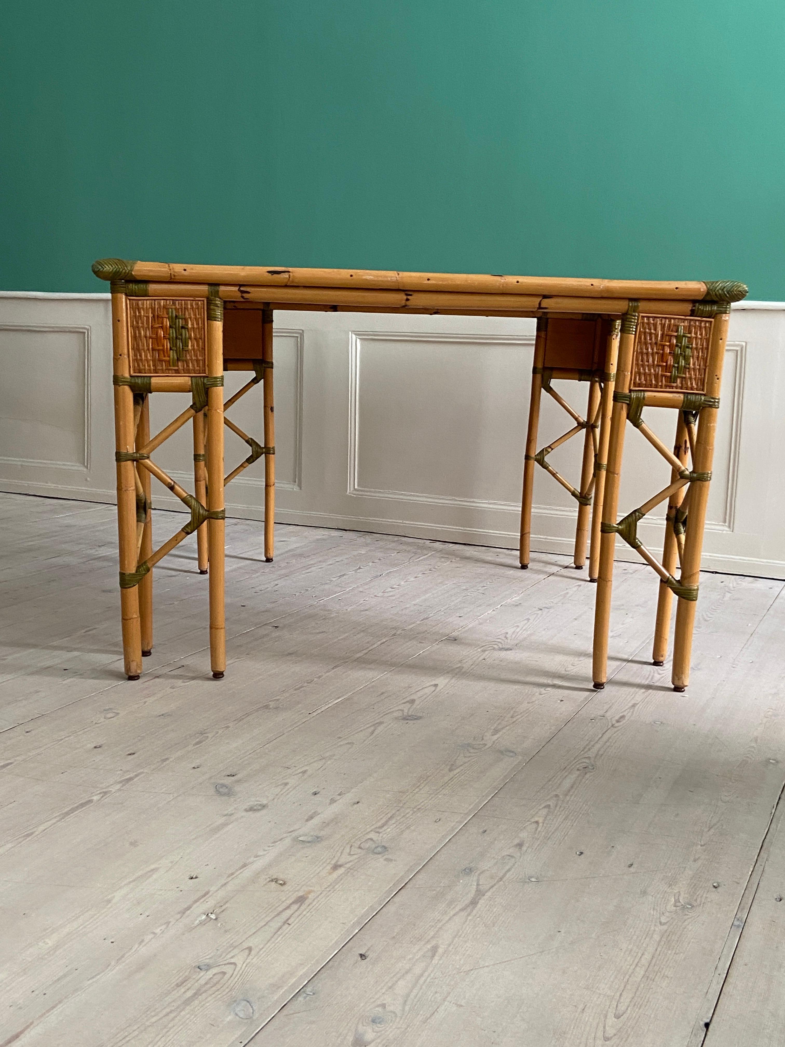 Vintage Woven Bamboo Table with Brass Details, France, Early 20th Century For Sale 4