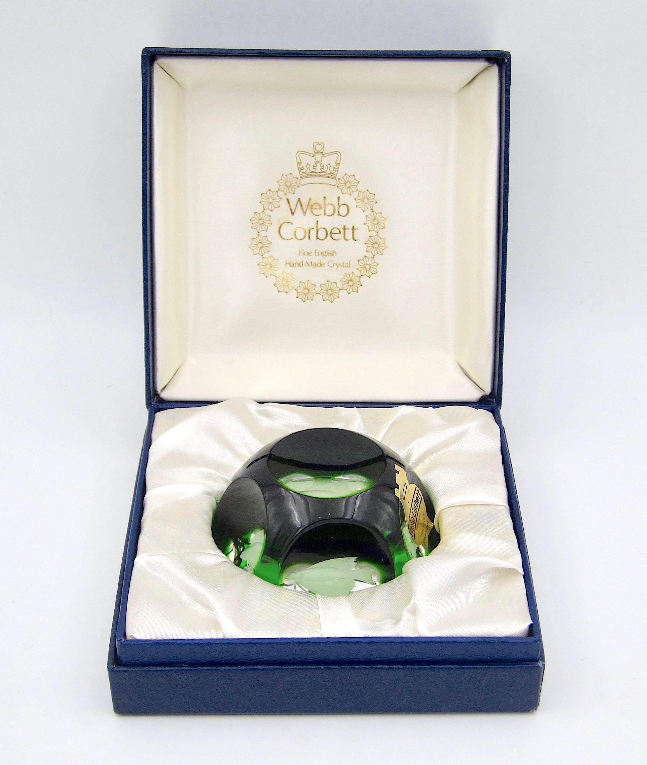 20th Century Vintage Webb Corbett Green Crystal Paperweight with an Engraved Fish