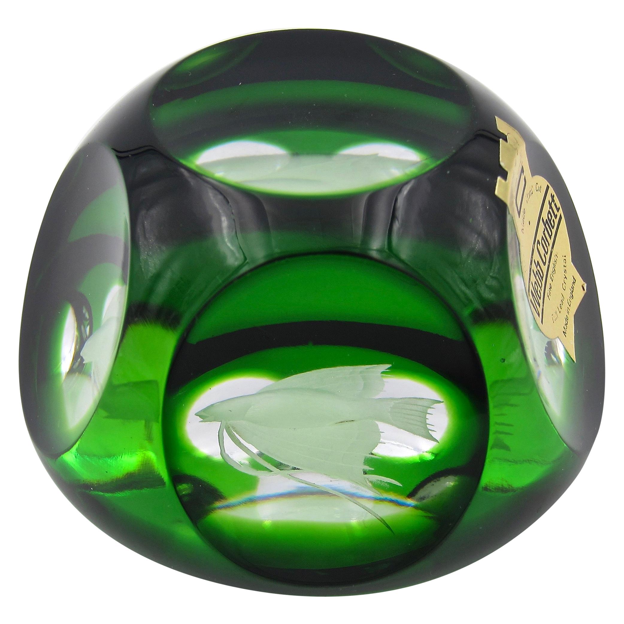 Vintage Webb Corbett Green Crystal Paperweight with an Engraved Fish