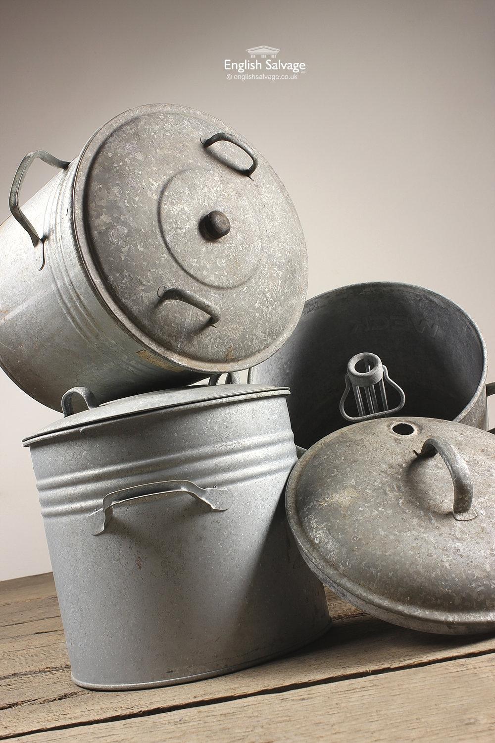 Five vintage Weck galvanised preserving pots/pans with lids. Two pots have inserts and one pot has central recess for storing thermometers. Ideal for use in the kitchen today, perhaps to store flour? or used as shop display items. One taller one