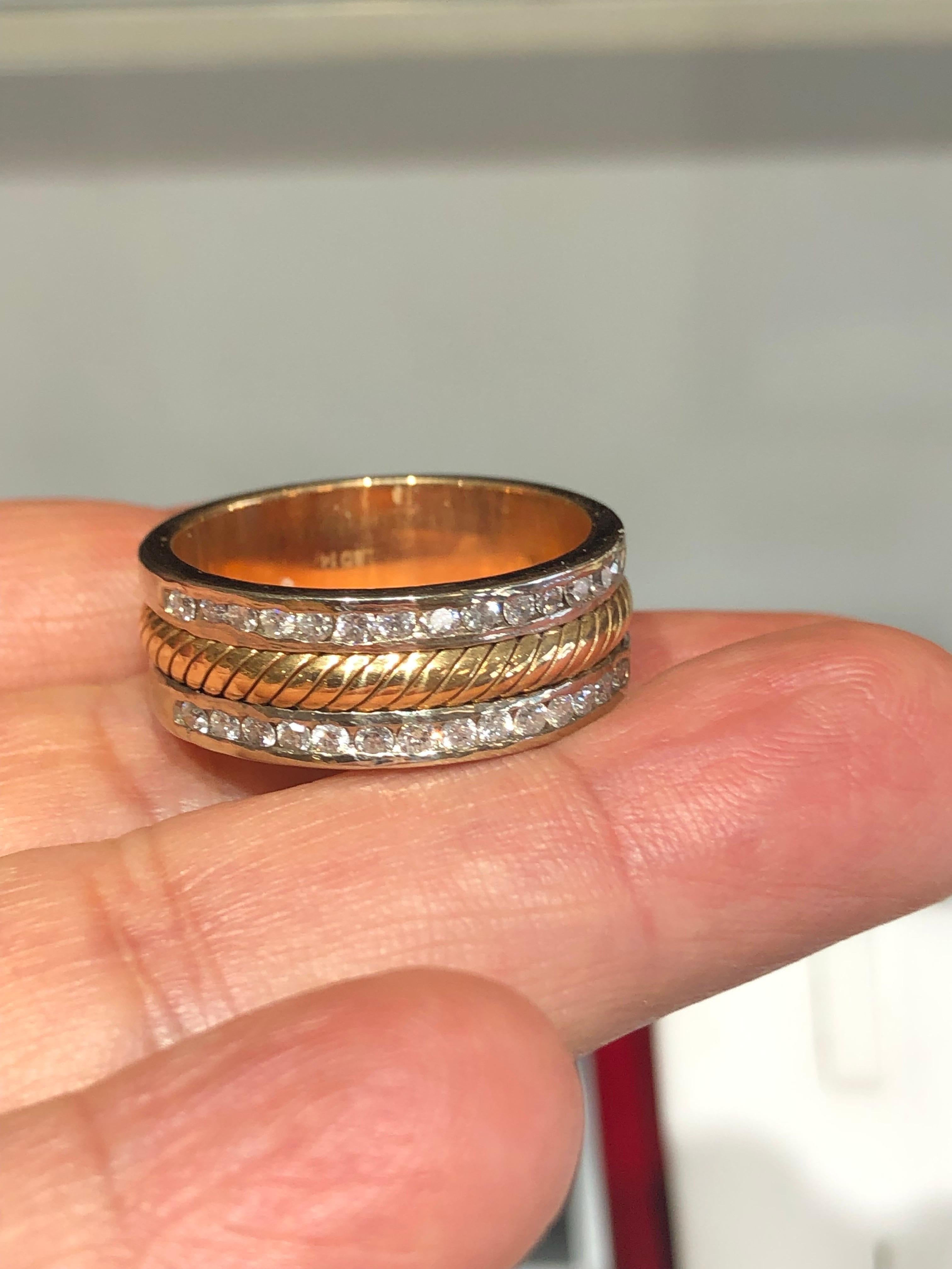 Band Ring One of a Kind Designer featuring a stunning textured 14K yellow gold, set with round brilliant cut diamonds, weighing a combined 0.80 carats (G-H color, and VS-SI1 clarity). 
The ring is size 12(not sizable) and weighs substantial 13