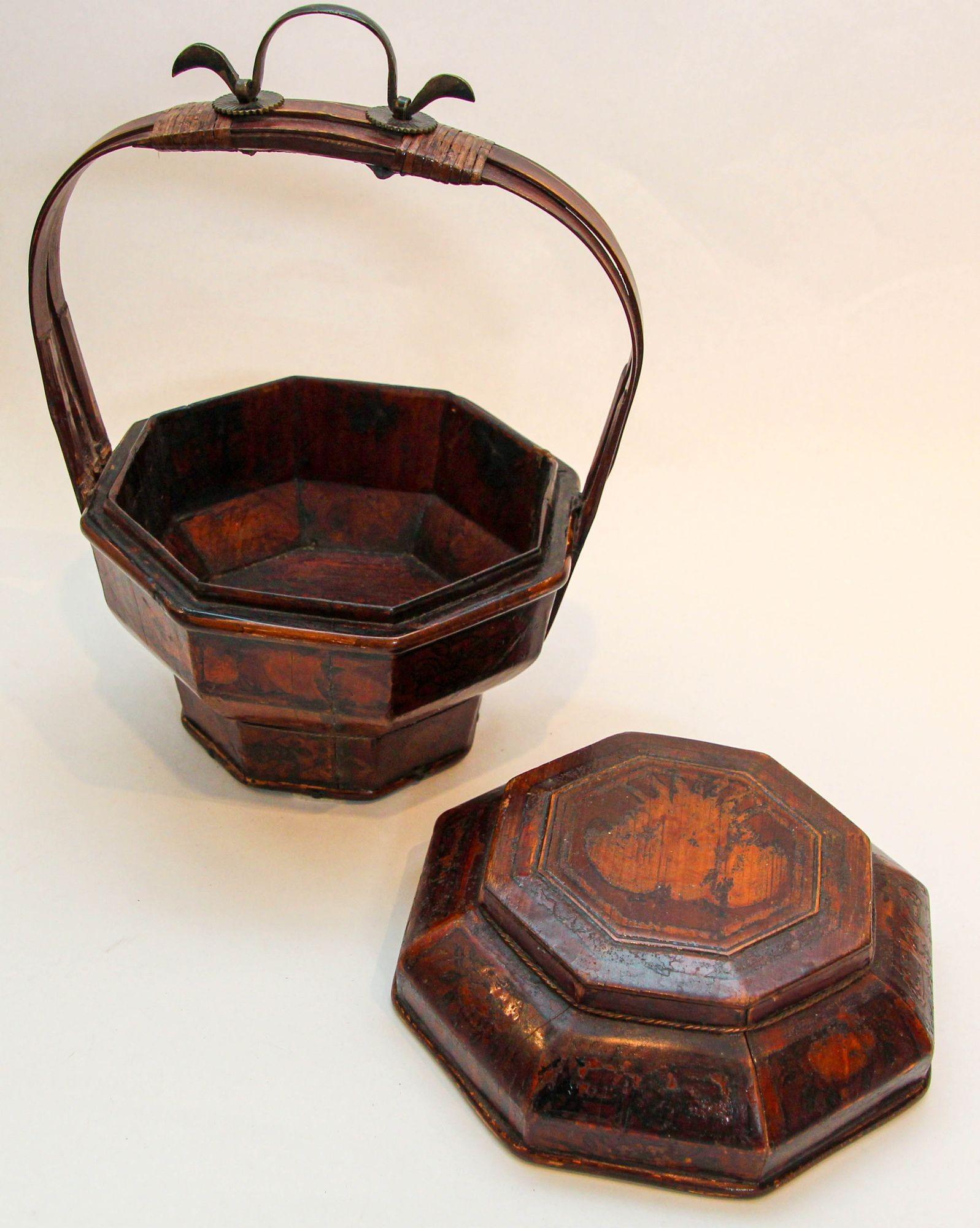 Vintage Wedding Chinese Basket Red Lacquer with Floral Frieze and Bird