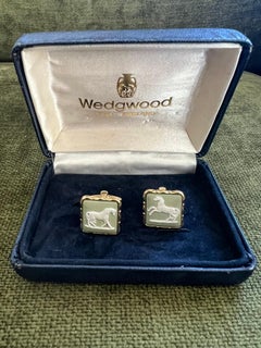 Gemelli da polso vintage Wedgwood British Royal Gold Plate & Green Jasper OriginaleCustodia