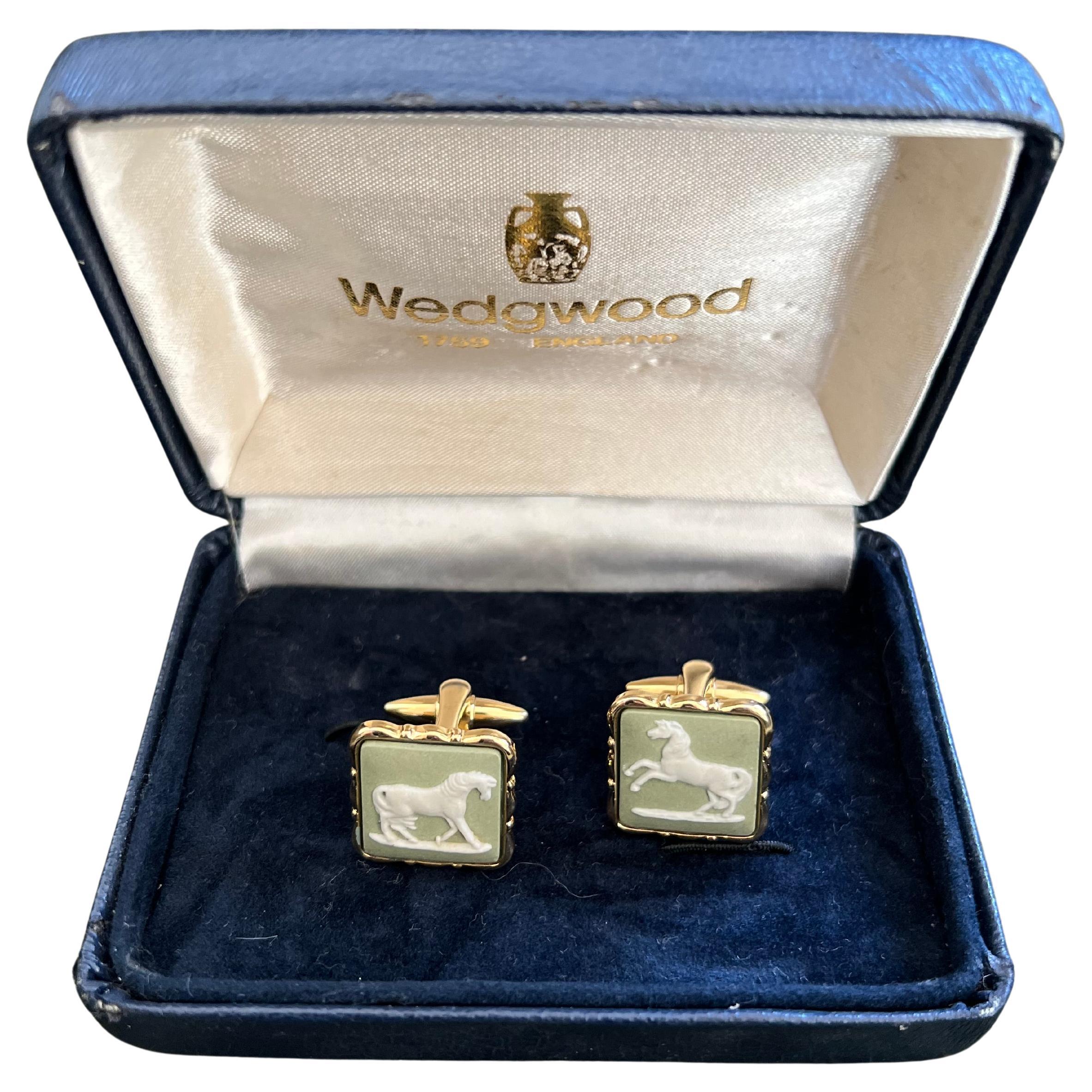 Gemelos Vintage Wedgwood British Royal Gold Plate & Green Jasper OriginalEstuche