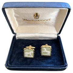 Vintage Wedgwood British Royal Gold Plate & Green Jasper Cufflinks OriginalCase