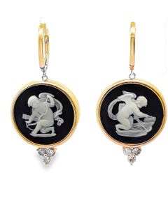 Vintage Wedgwood Cherub Drop Earrings in New 14K Yellow Gold Diamond Setting