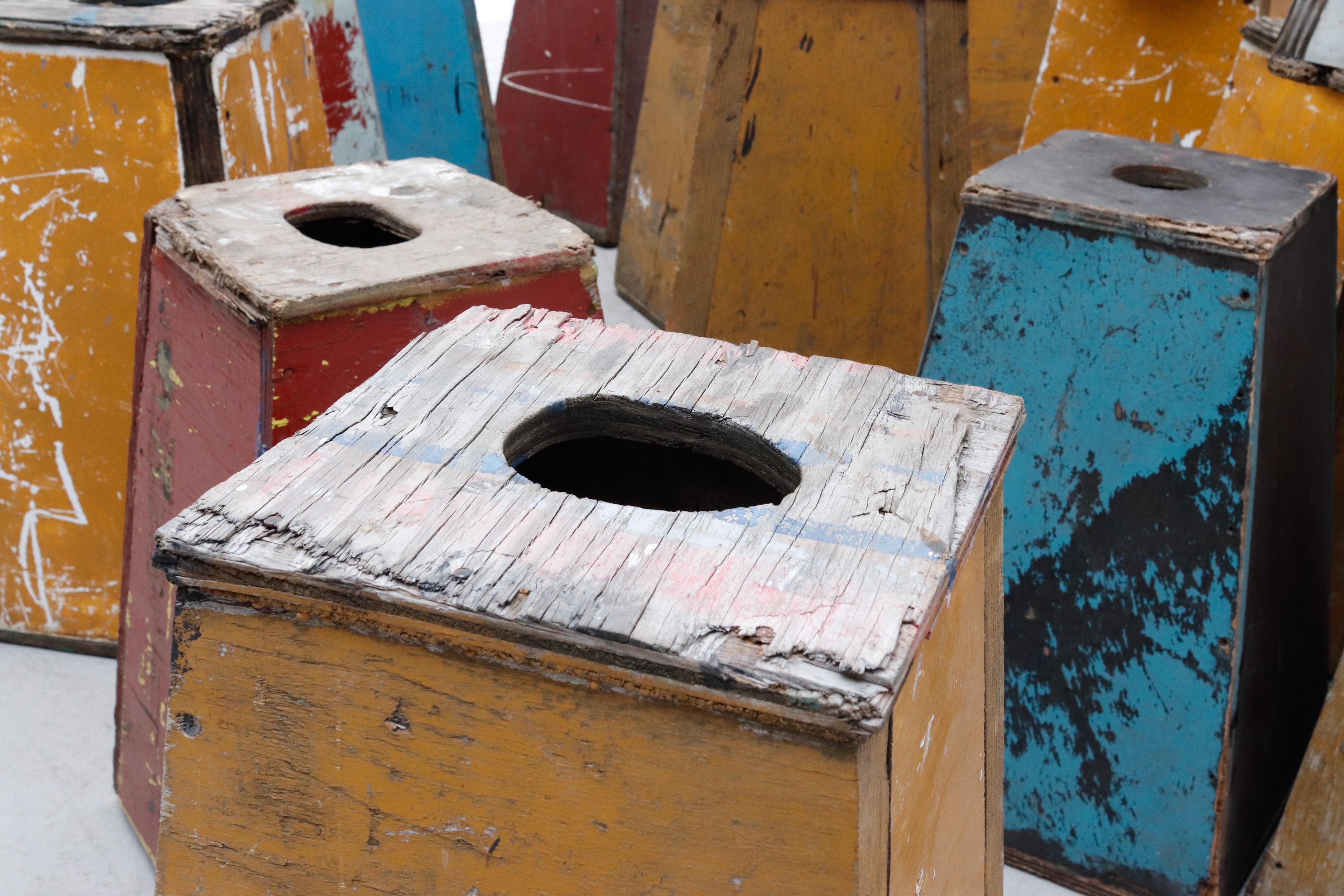 Dutch Set of 16 Vintage Painted Wood Weighted Beach Blocks in Various Colors For Sale