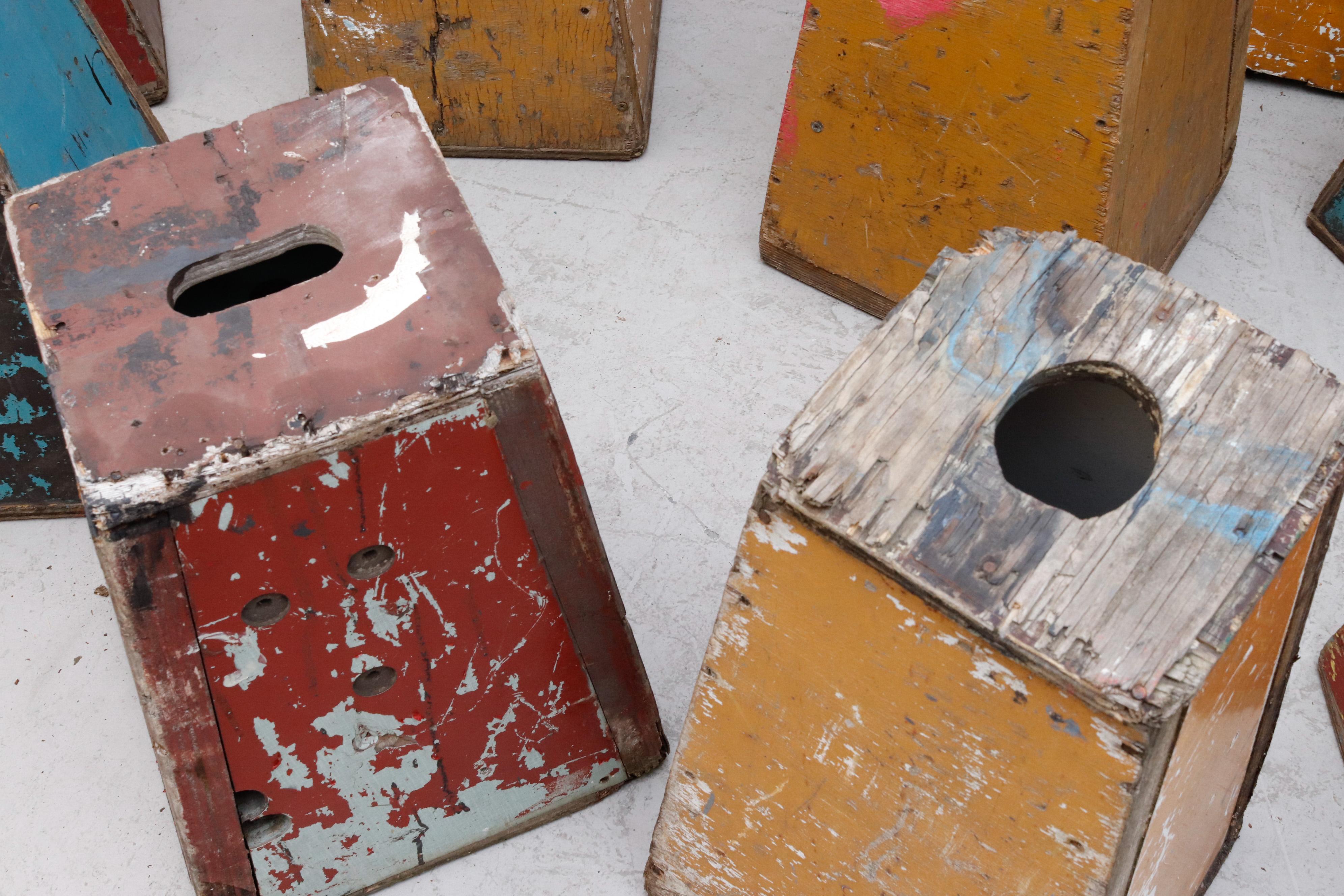 Late 20th Century Set of 16 Vintage Painted Wood Weighted Beach Blocks in Various Colors For Sale