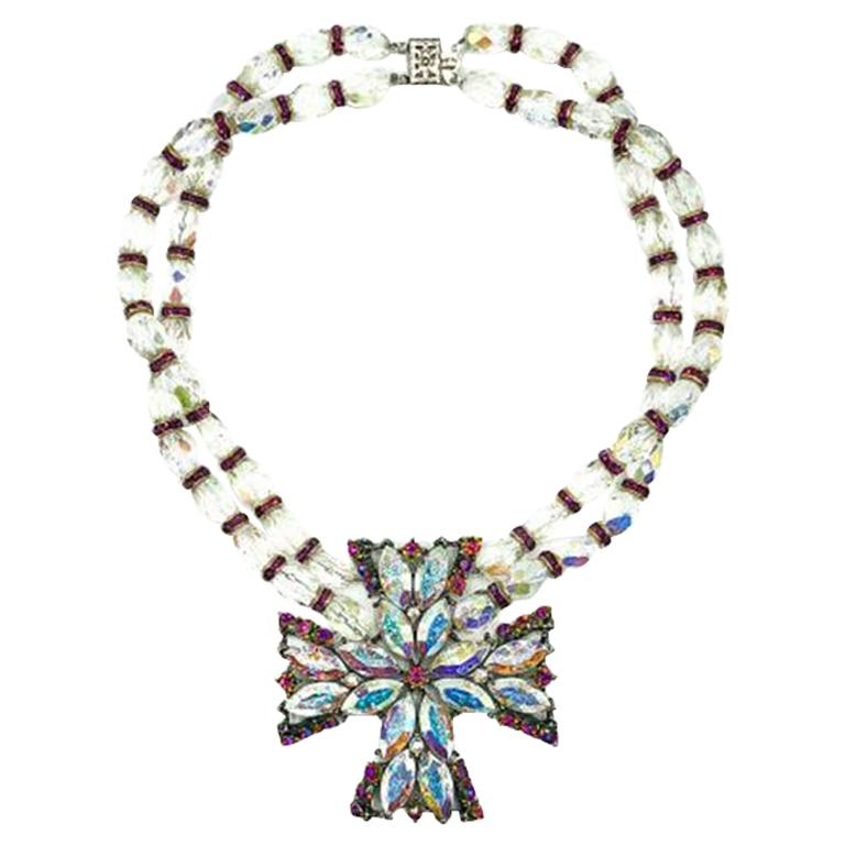 Vintage Weiss Aurora Borealis & Pink Crystal Maltese Cross Choker Necklace 1950s