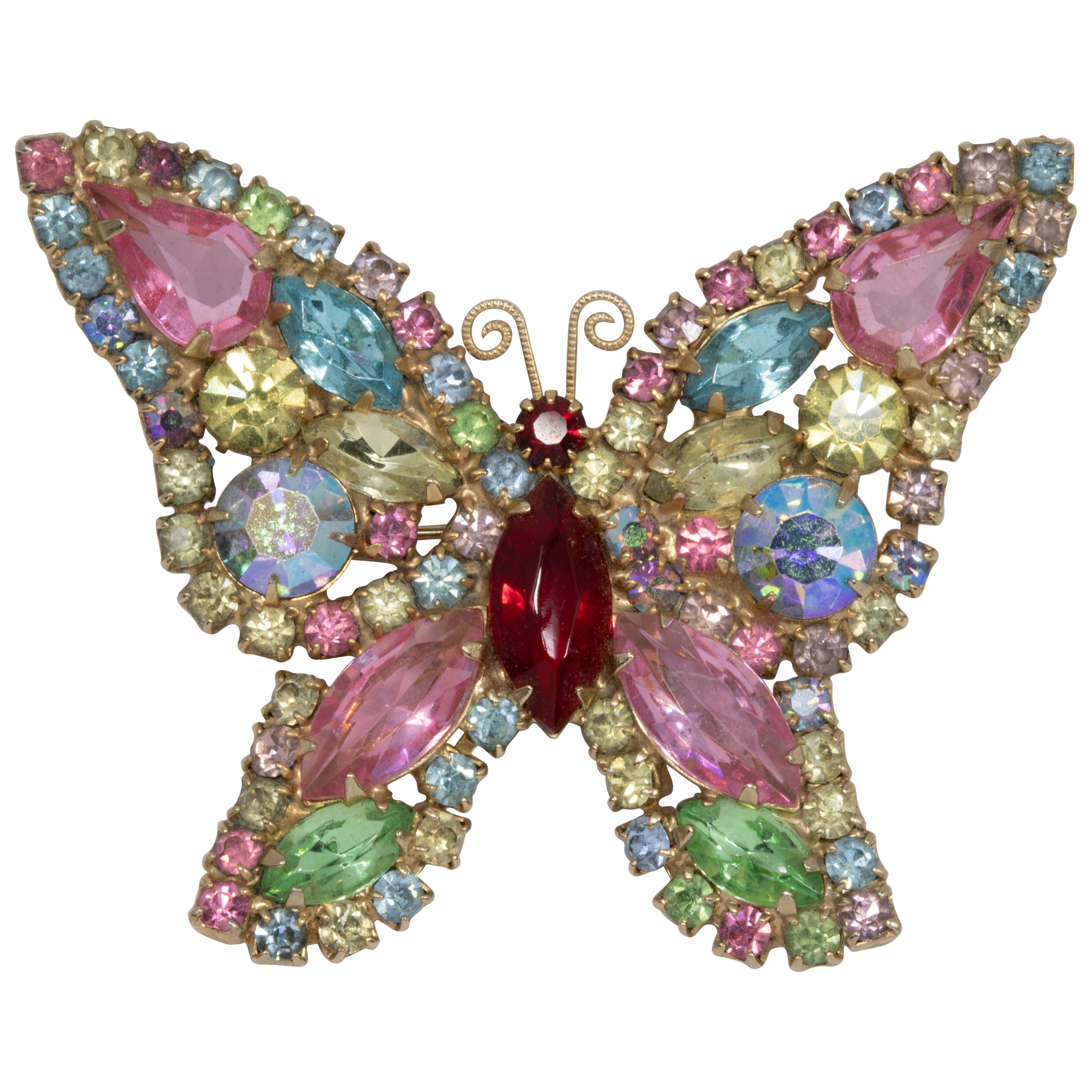 Vintage Weiss Embellished Crystal Butterfly Pin Brooch in Gold
