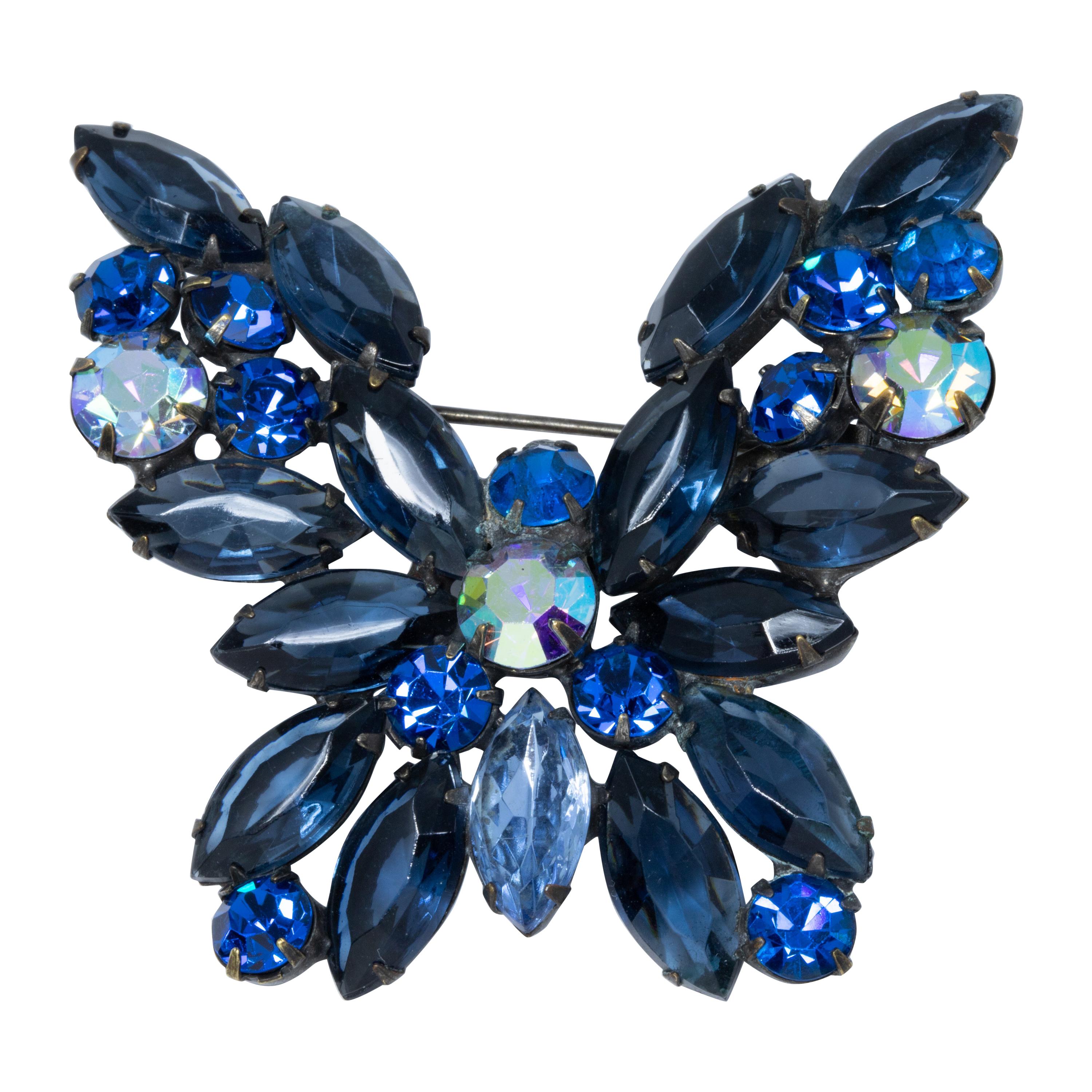 Vintage Weiss Embellished Sapphire Crystal Butterfly Pin Brooch, Retro
