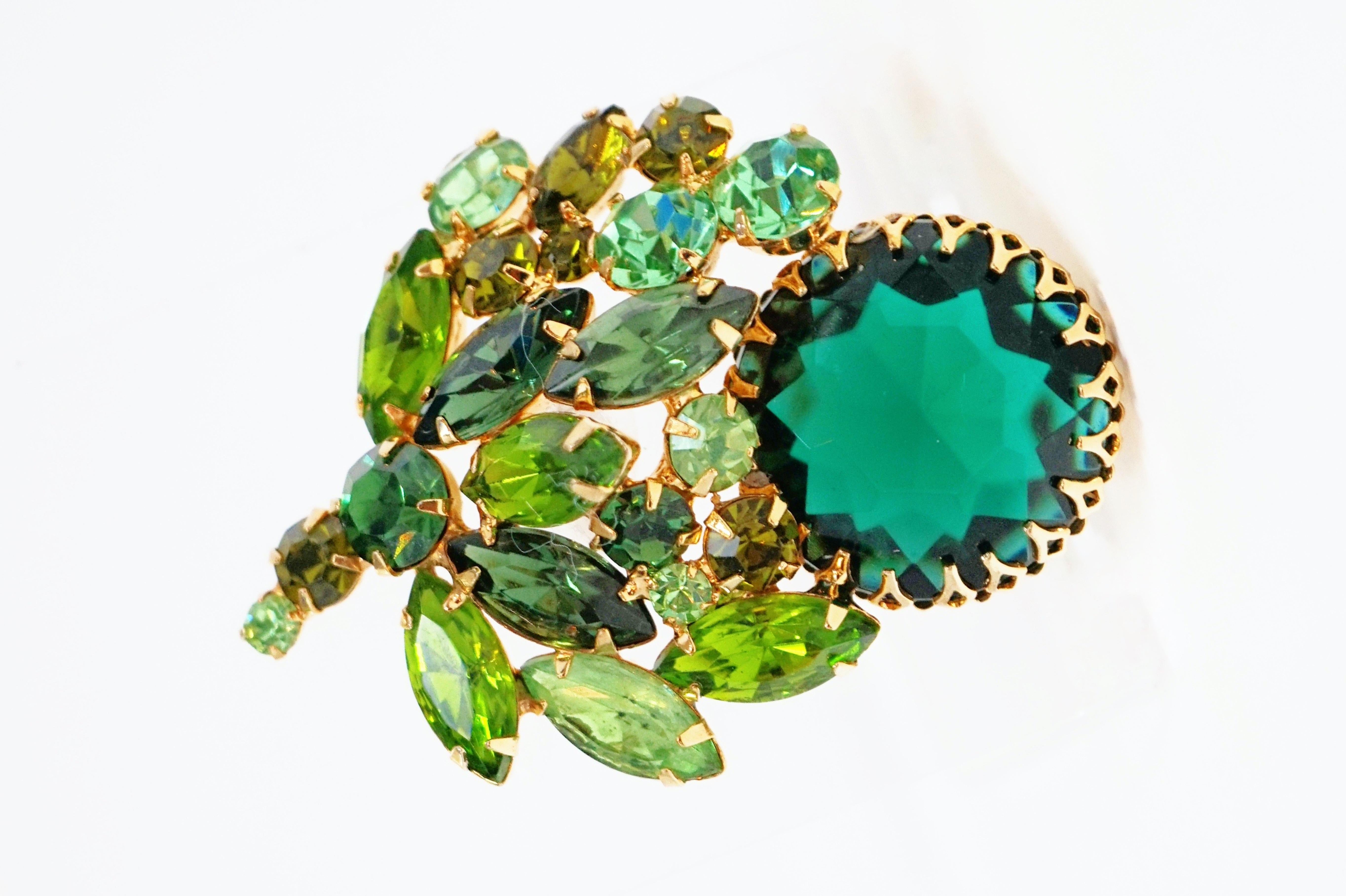 Modern Vintage Weiss Emerald & Peridot Rhinestone Crystal Brooch, Signed, circa 1950s
