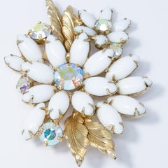 Vintage Weiss Gold Floral Bloom, Aurora Borealis, Milk Glass Crystals, Mid 1900s