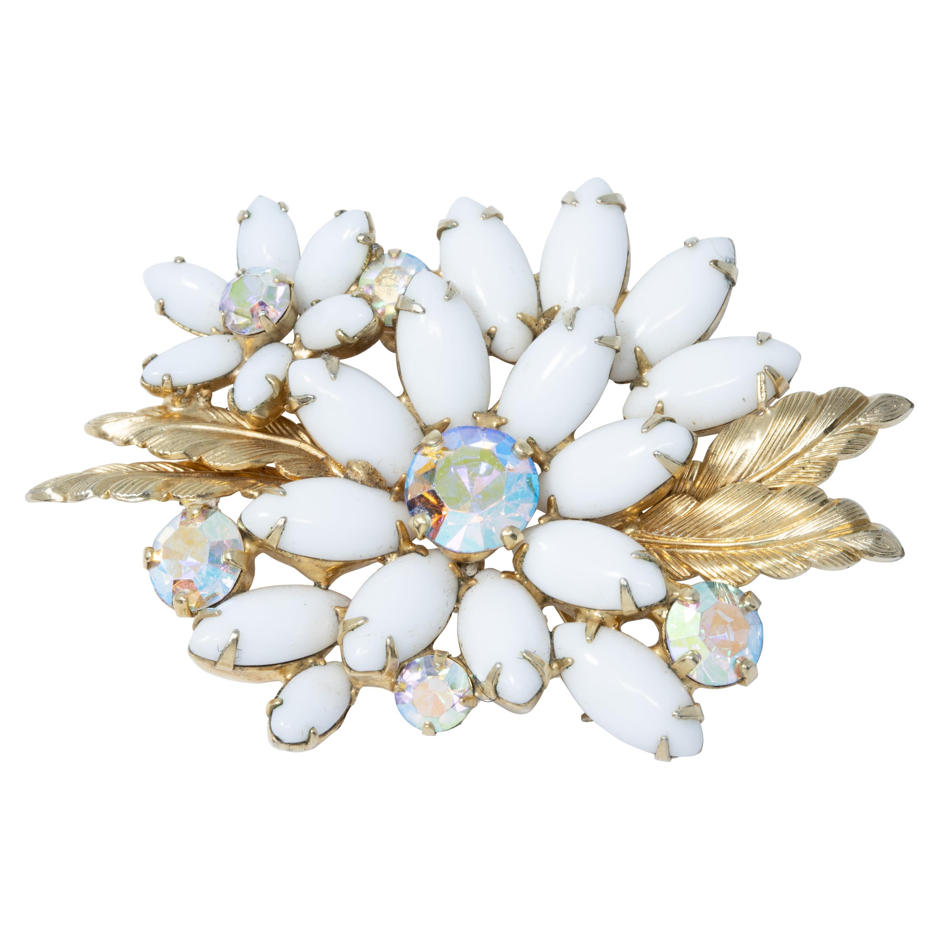 Vintage Weiss Gold Floral Bloom, Aurora Borealis, Milk Glass Crystals, Mid 1900s For Sale