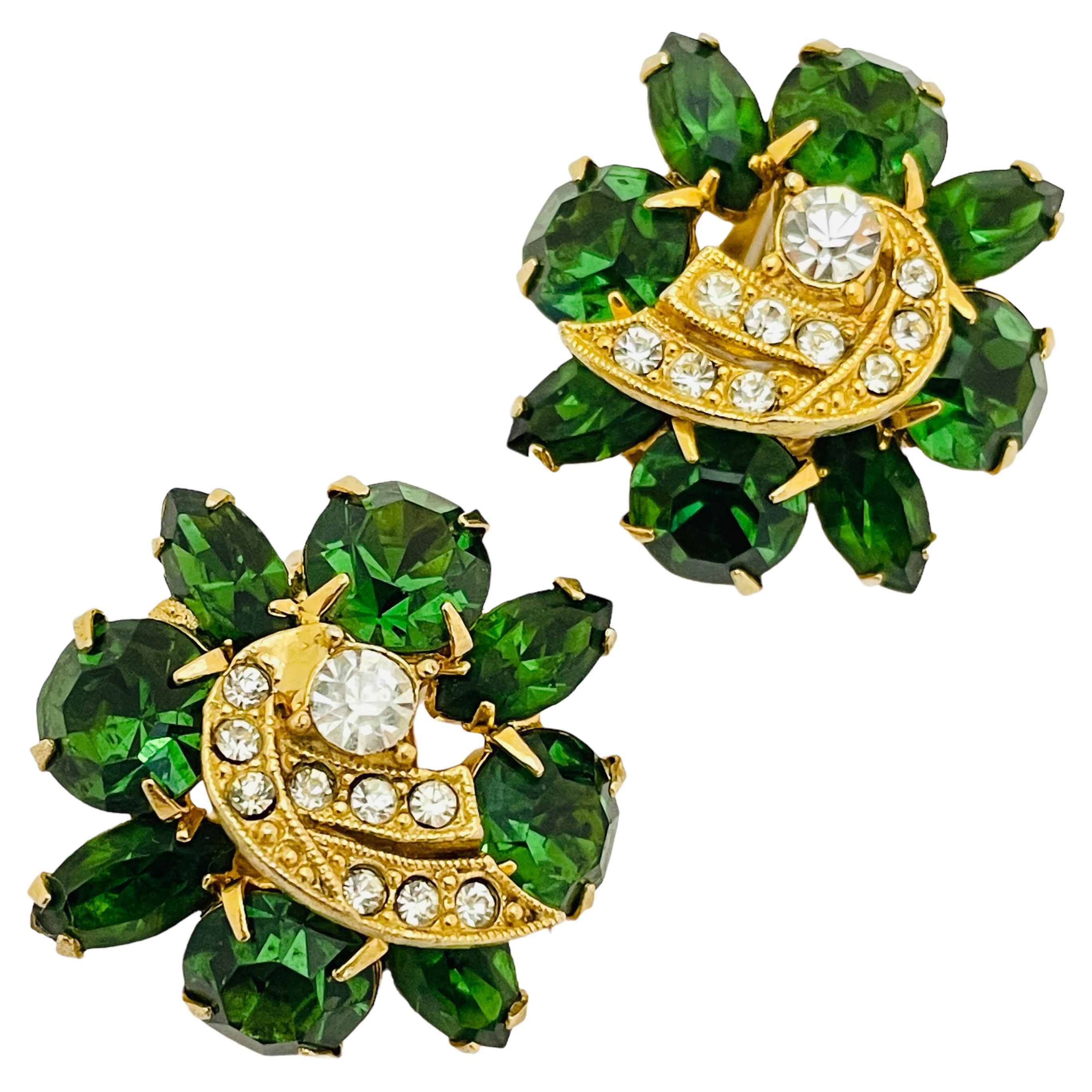 Vintage WEISS gold green glass designer runway clip on earrings For Sale