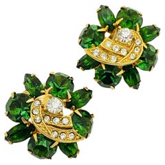 Vintage WEISS gold green glass designer runway clip on earrings