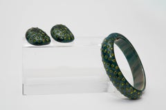 Vintage Weiss Green Bakelite, Green Rhinestone Bangle Bracelet and Earring Set