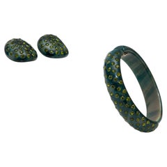 Conjunto vintage de pulsera y pendientes de baquelita verde Weiss y brillantes verdes