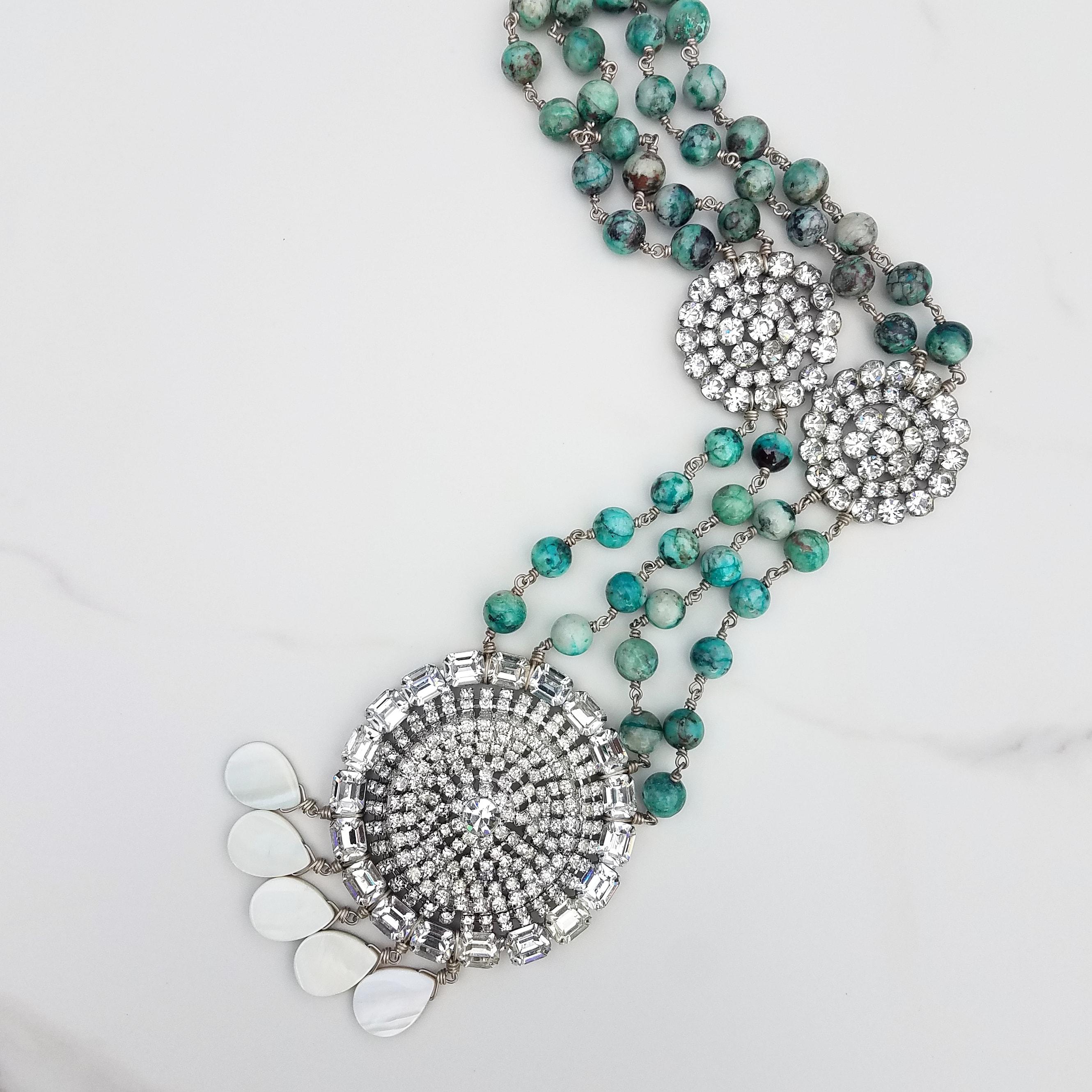 Collana in crisocolla con strass di Weiss Vintage in vendita 2