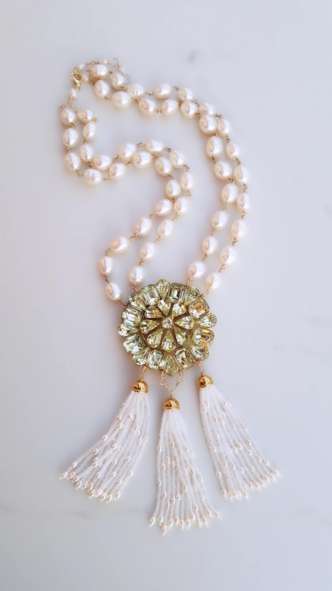 Artisan Vintage Weiss Rhinestone and Pearl Tassel Necklace For Sale