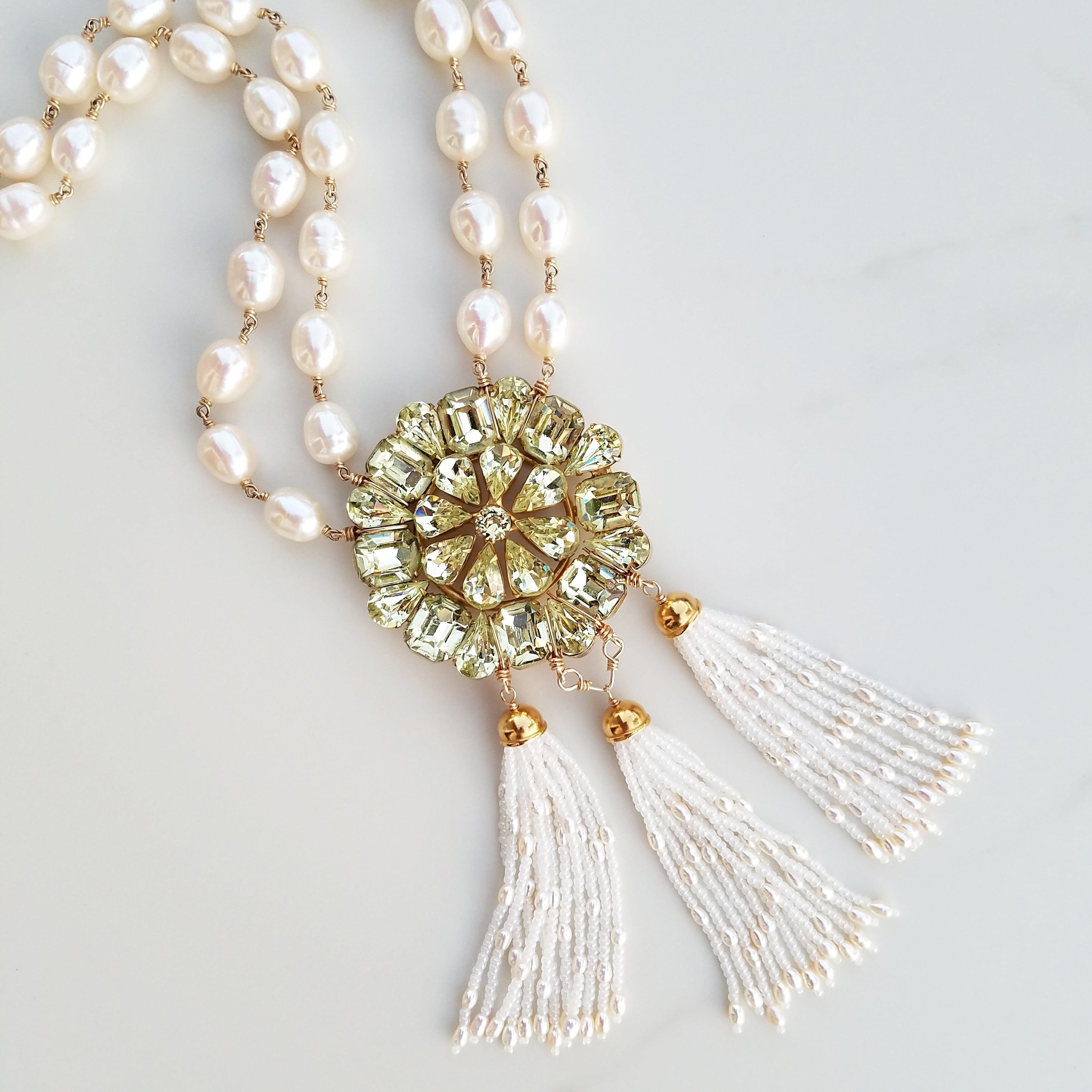 Bead Vintage Weiss Rhinestone and Pearl Tassel Necklace For Sale