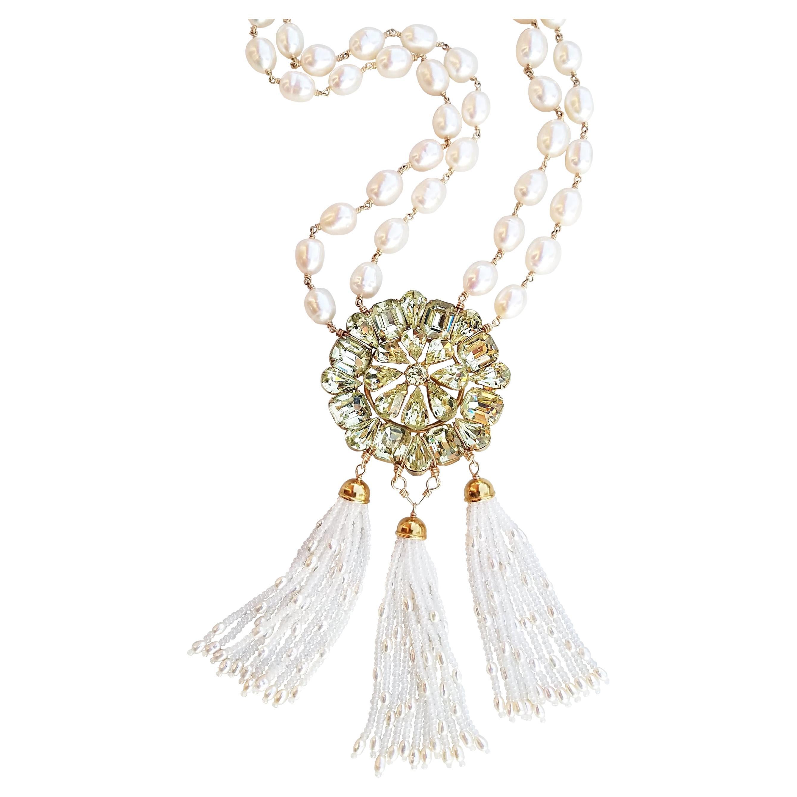 Vintage Weiss Rhinestone and Pearl Tassel Necklace