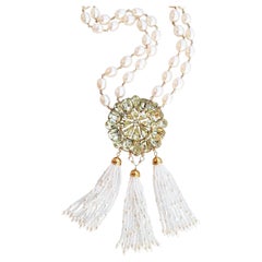 Vintage Weiss Rhinestone and Pearl Tassel Necklace