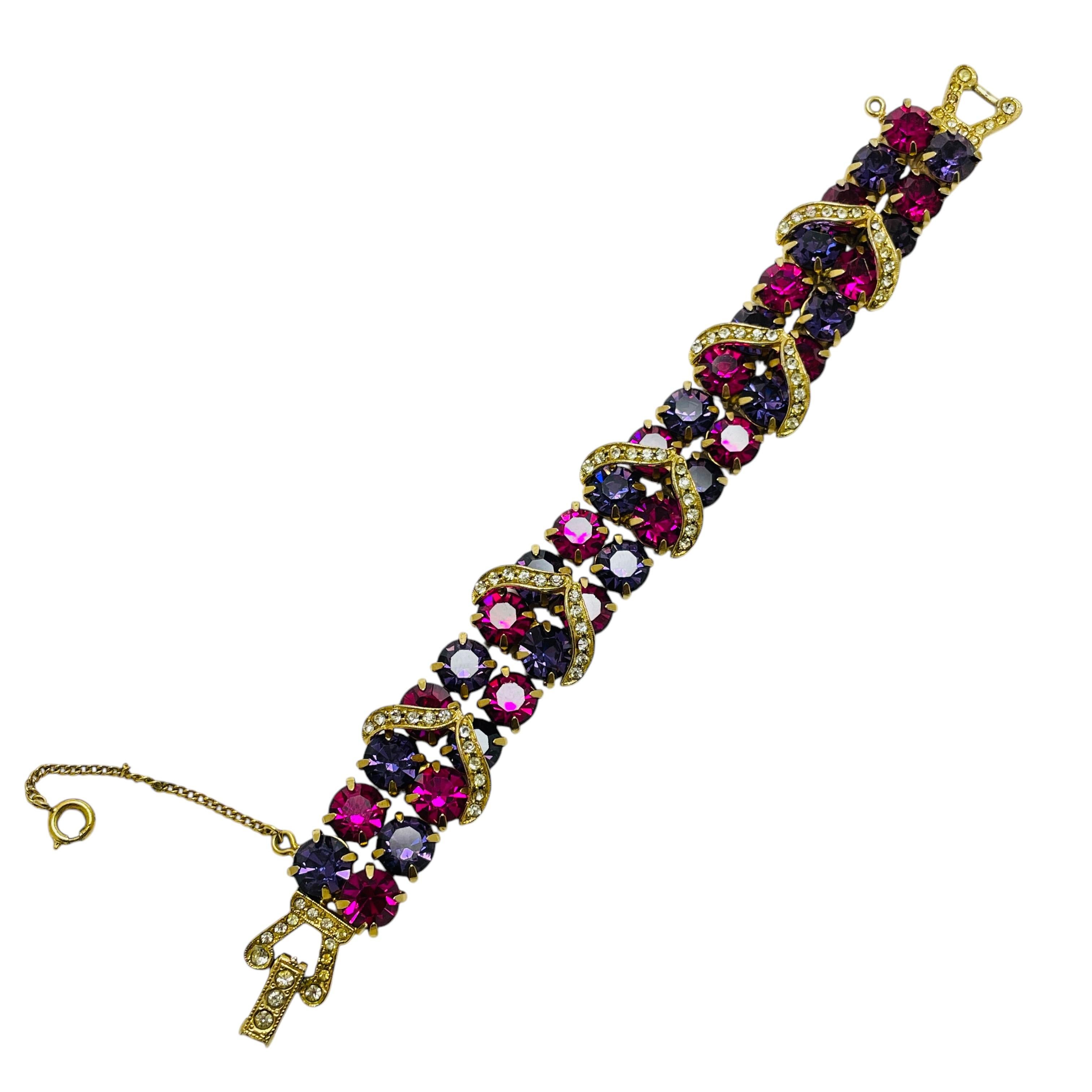 De las mujeres Vintage WEISS firmado tono de oro rosa púrpura diamantes de imitación pulsera de diseño en venta