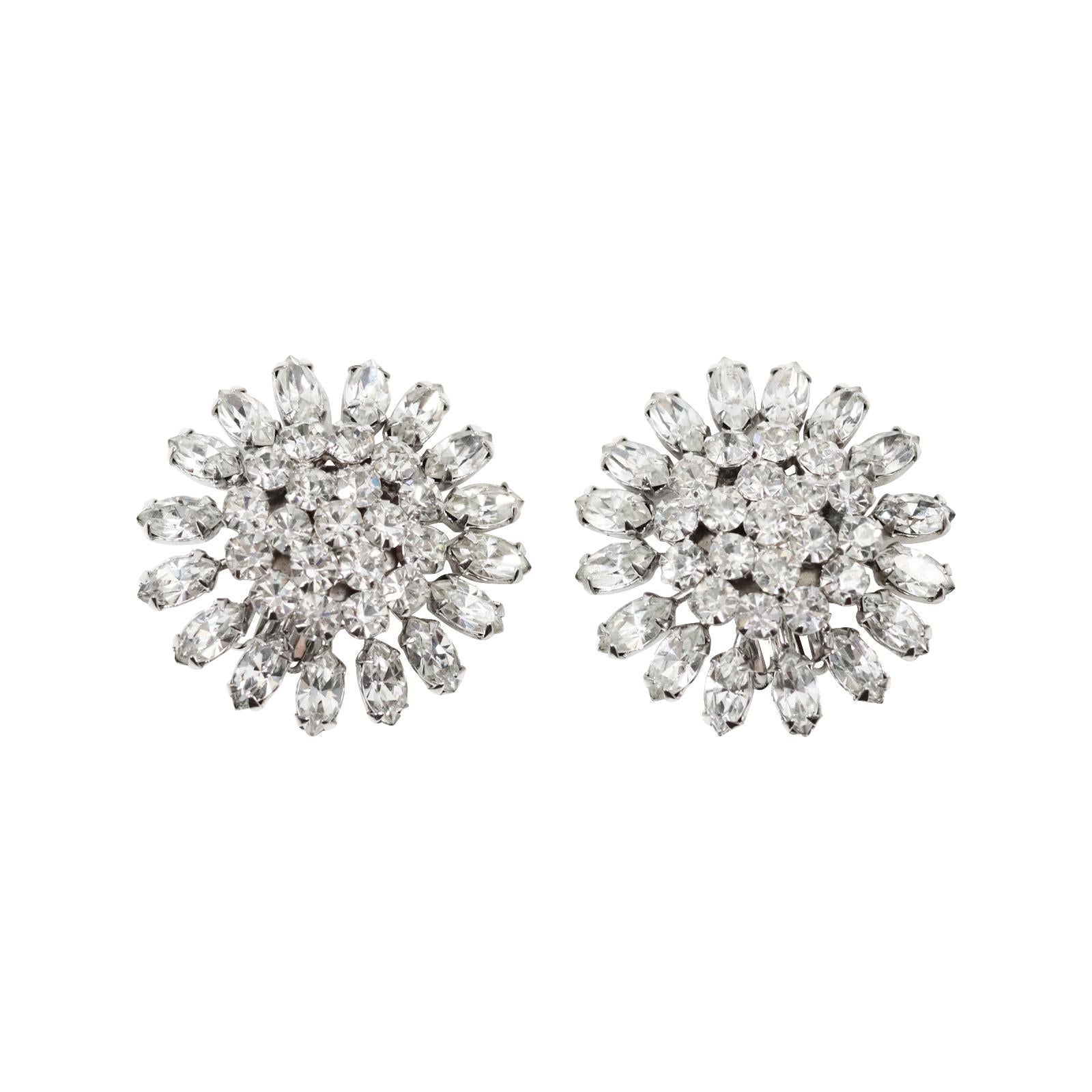 Vintage Weiss Silver Tone Diamante Earrings Circa 1960's. These earrings are prong-set and beautifully crafted. They are layered in two distinct parts. The bottom is made up of a row of marquis stones all around, and the middle is made up of round