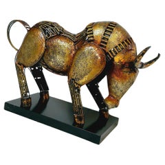 Retro Welded Metal Brutalist Bull Sculpture 