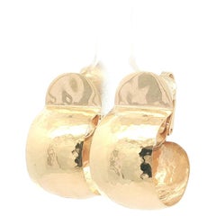 Vintage Well Made 14k Yellow Gold Hammered Finish Wide Cuff Clip On Earrings