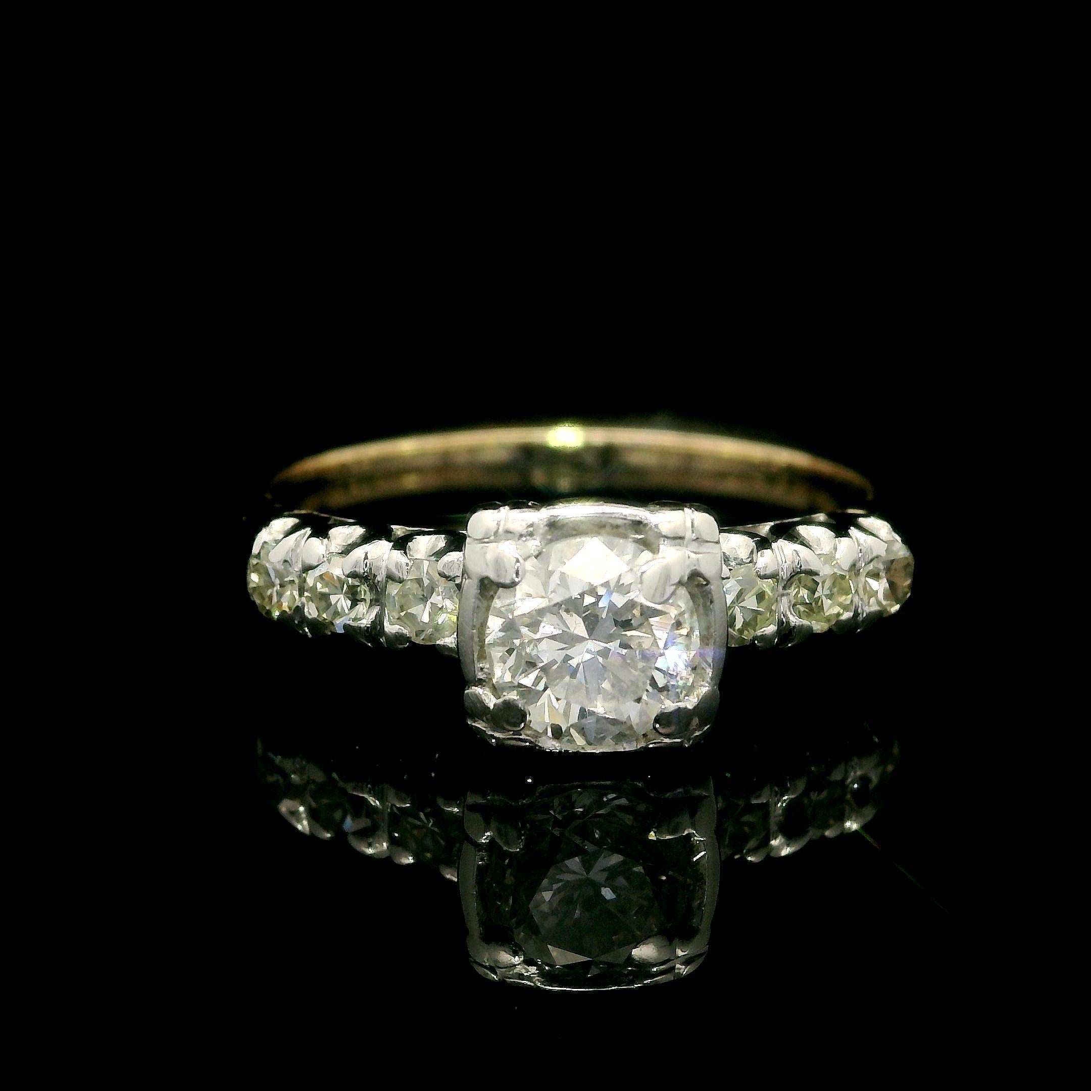 Women's Vintage Well Made Two Tone Gold 0.87ctw Diamond Engagement or Promise Ring For Sale