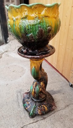 Vintage Weller Majolica Pottery Jardiniere Pedestal Set
