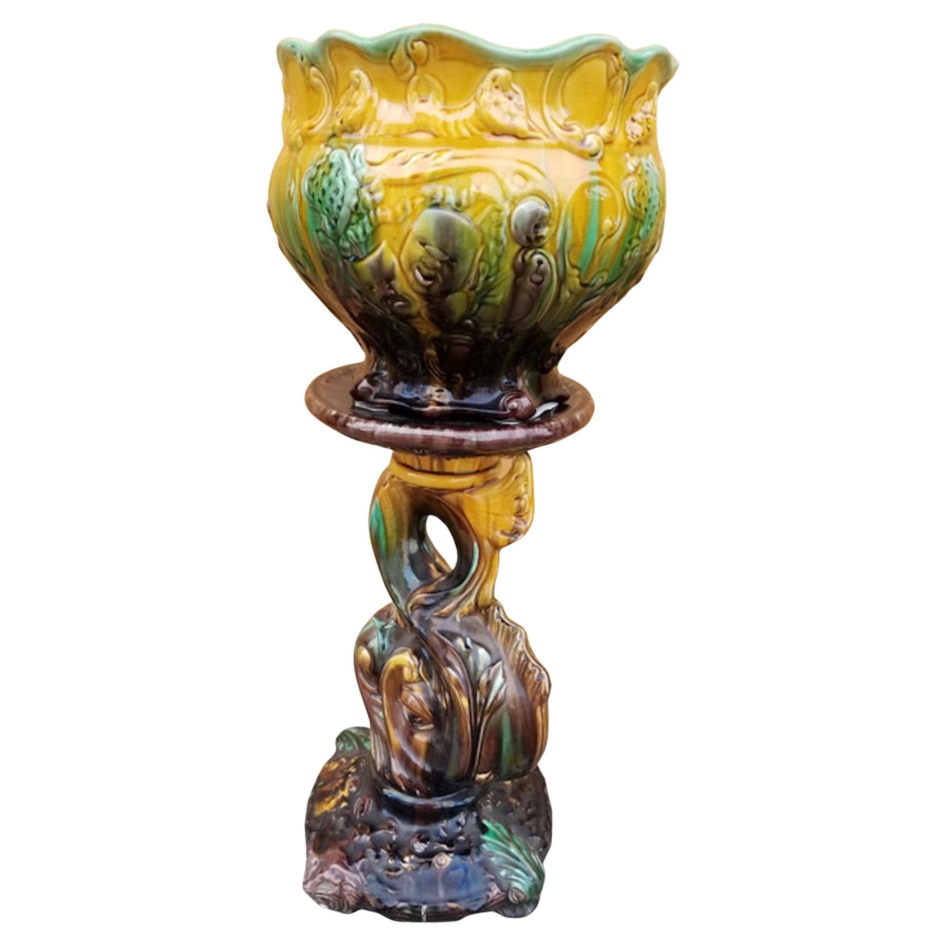 Vintage Weller Majolica Pottery Jardiniere Pedestal Set