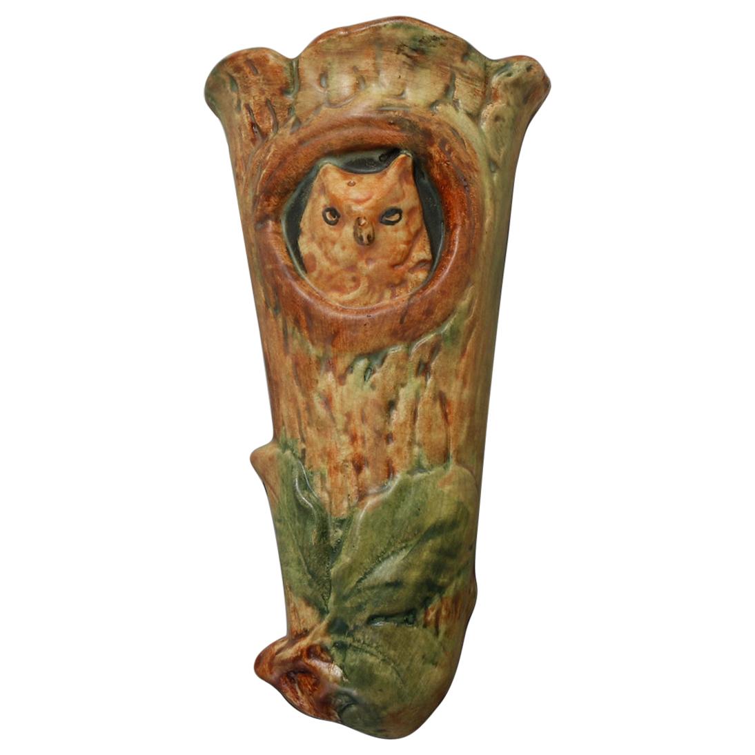 Vintage Weller Woodcraft Art Pottery Wall Pocket with Owl, circa 1930