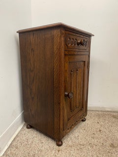Vintage Welsh Style End Table Cabinet with Drawer and Carved Panel Door