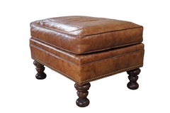 Vintage Wesley Hall Traditional Burnt Orange Leather & Mahogany Ottoman Nailhead