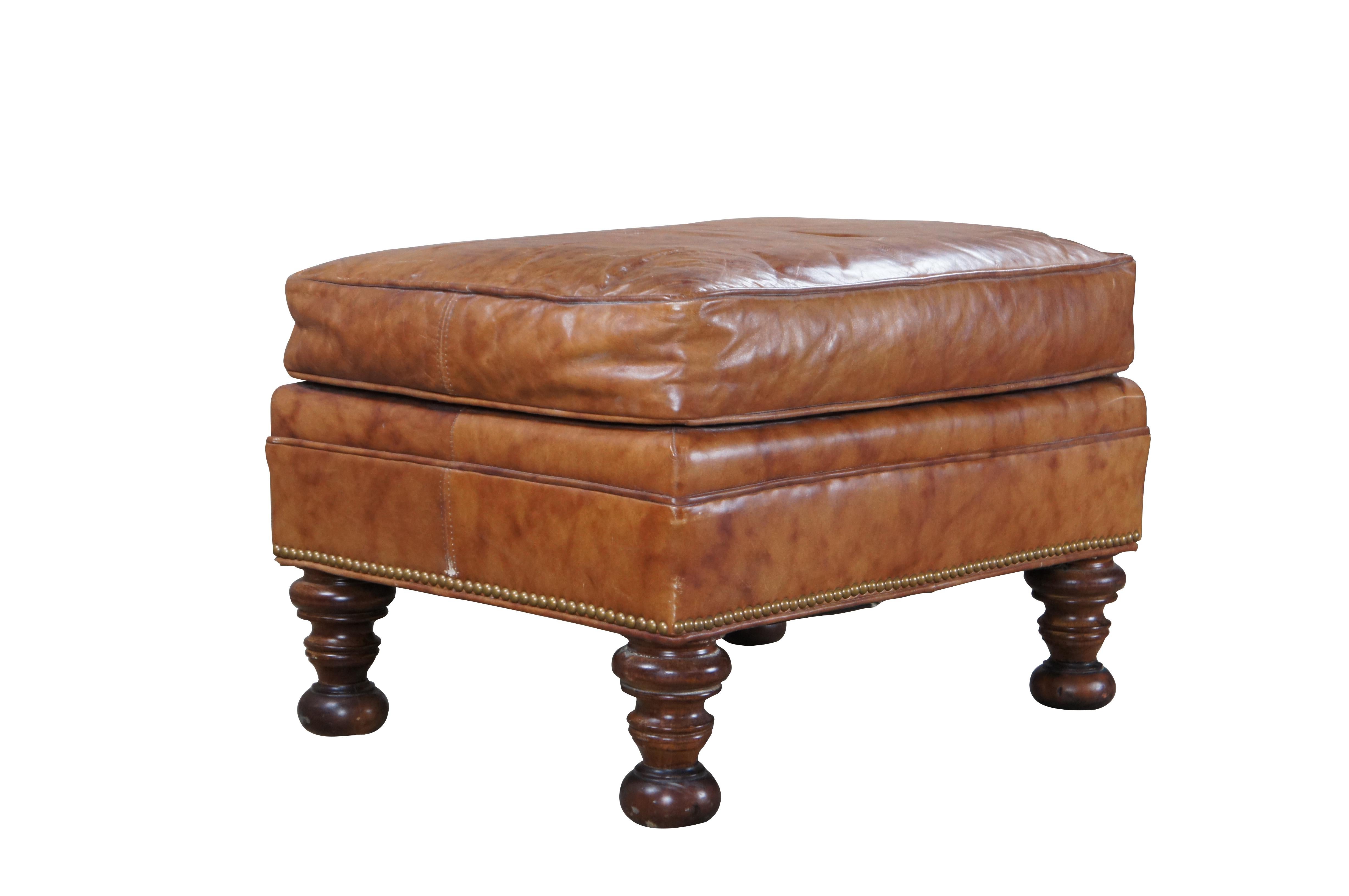 Vintage Wesley Hall Traditional Burnt Orange Leather & Mahogany Ottoman Nailhead In Good Condition For Sale In Dayton, OH