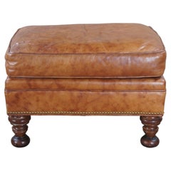 Vintage Wesley Hall Traditional Burnt Orange Leather & Mahogany Ottoman Nailhead