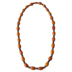 Vintage West African Orange Copal Amber Bead Necklace with Silver Spacers