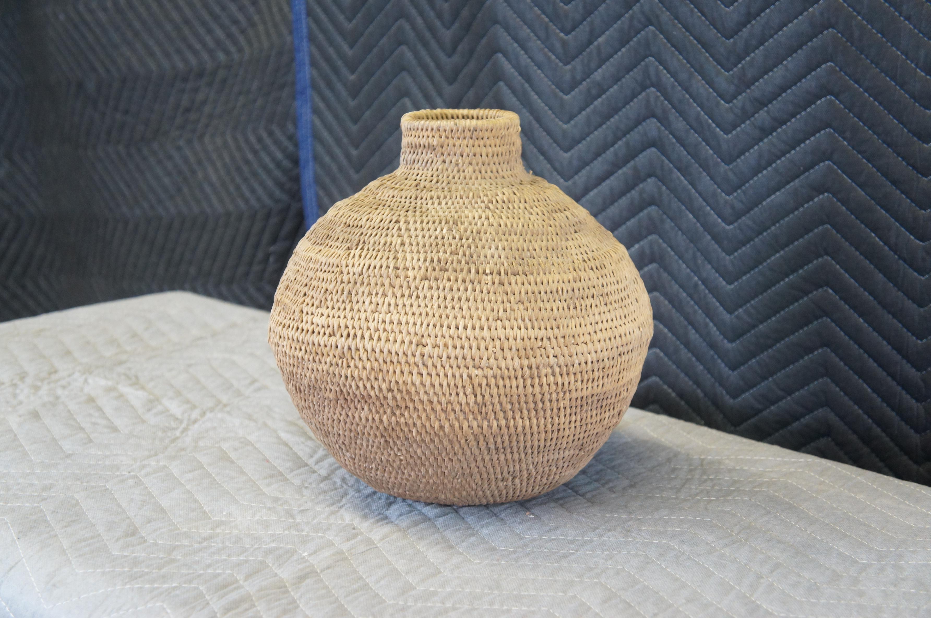 Rustic Vintage West African Tonguna Natural Rattan Woven Decorative Basket Vase