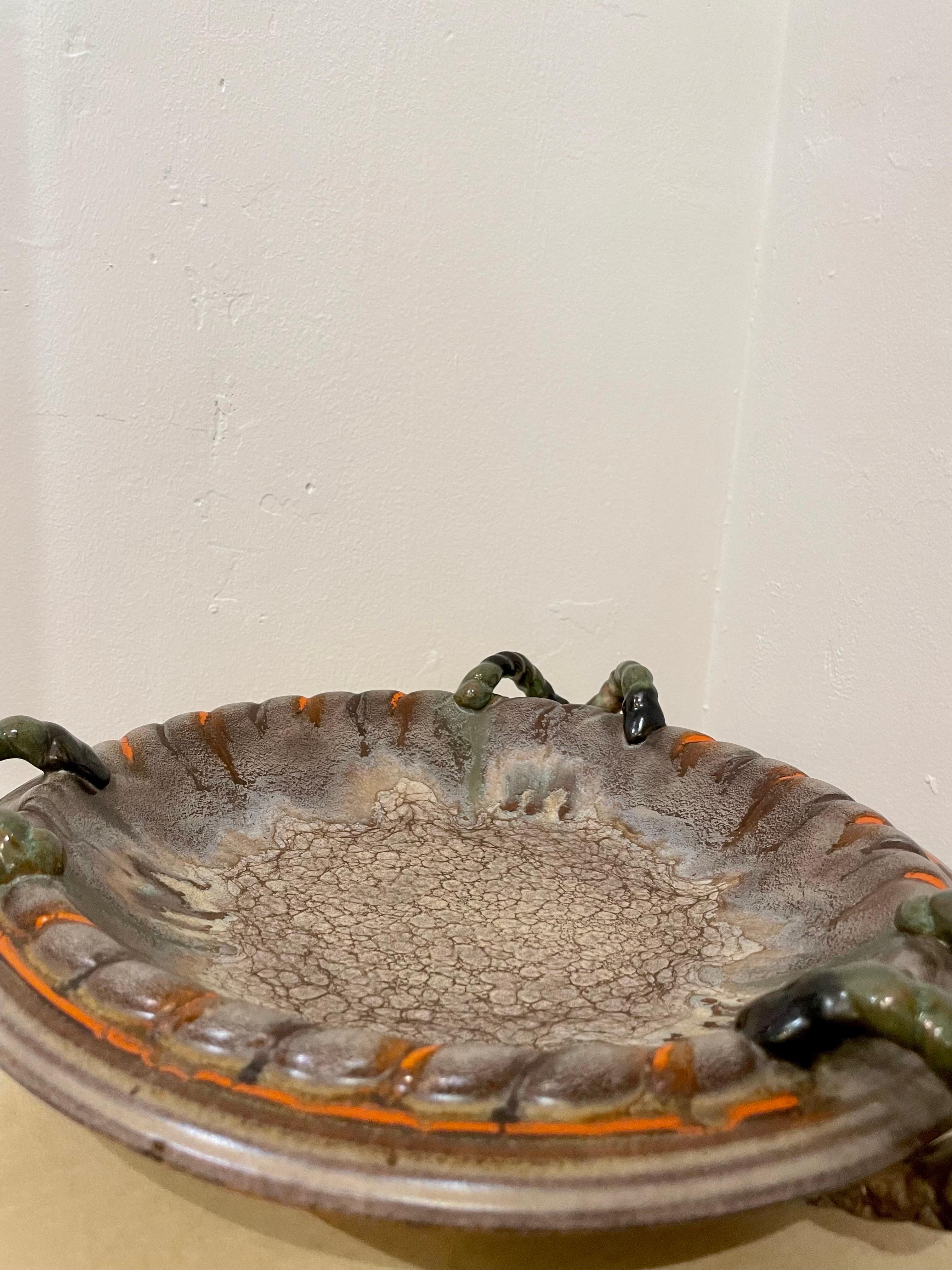 Vintage West German Ceramic Bowl w/ 3 Woven Handles In Good Condition For Sale In East Hampton, NY