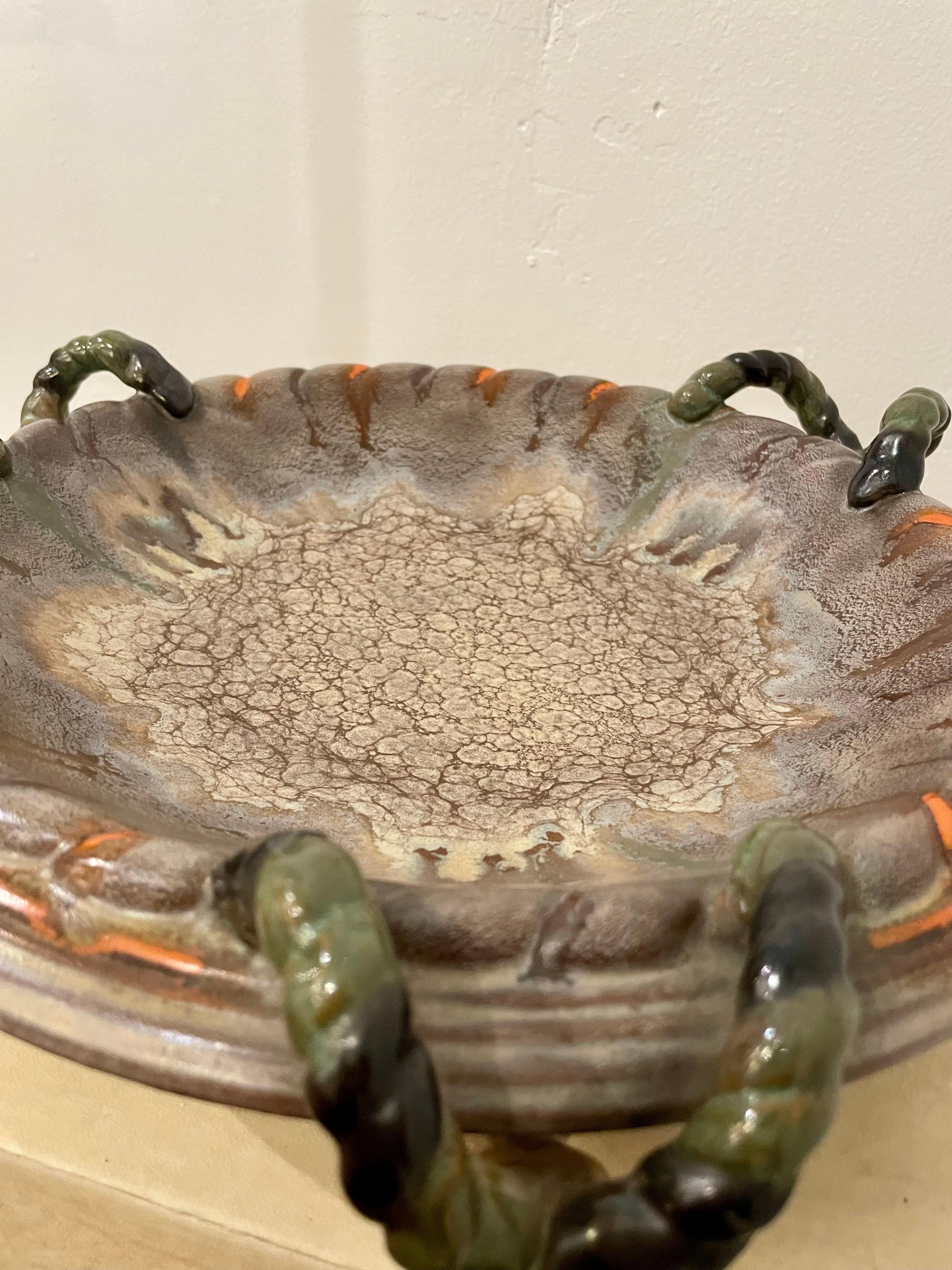 Mid-20th Century Vintage West German Ceramic Bowl w/ 3 Woven Handles For Sale